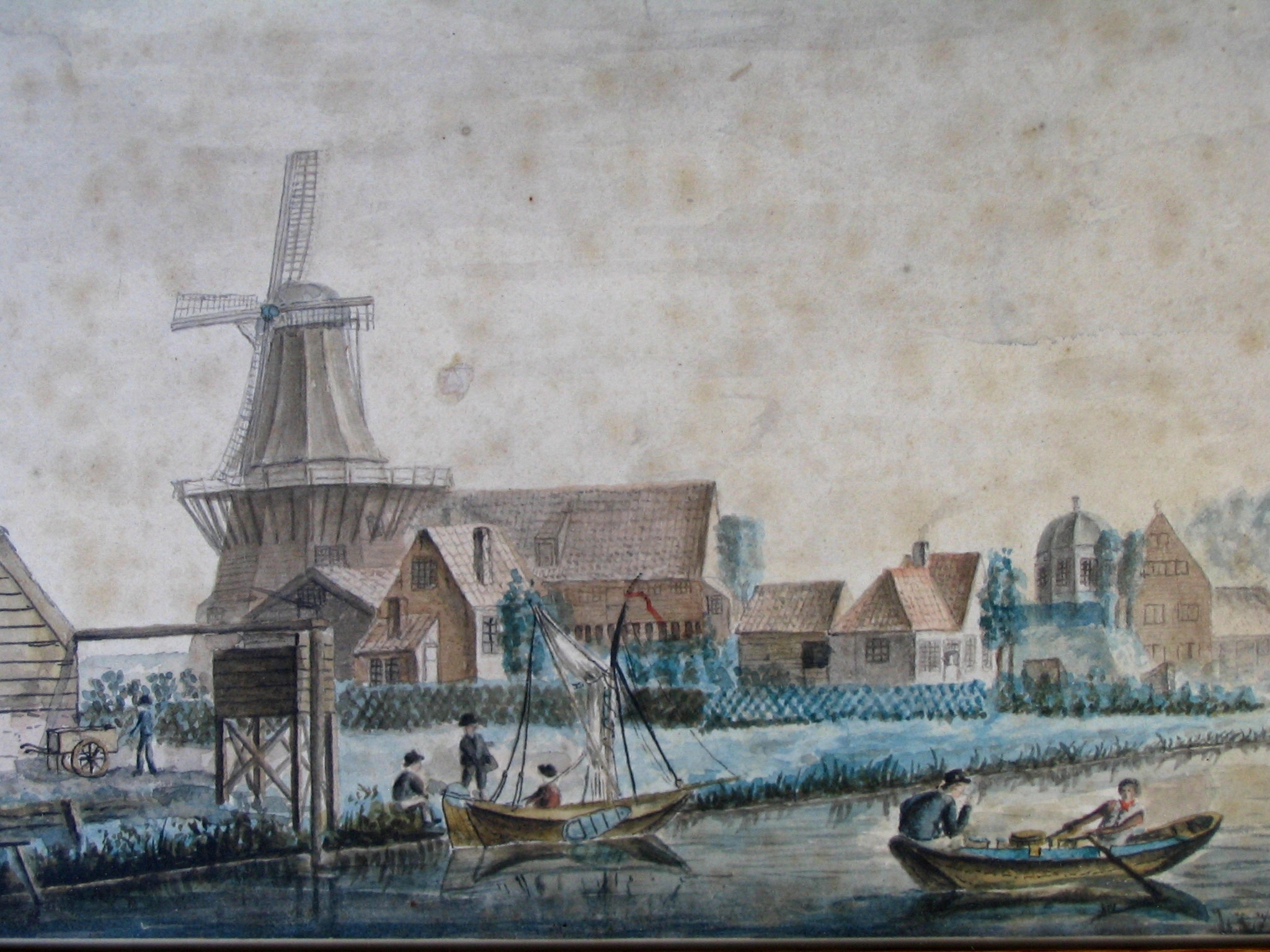 Bedrijfsgebouwen aan de haven, detail van een havengezicht door G. Braam, 1840. HMDB.