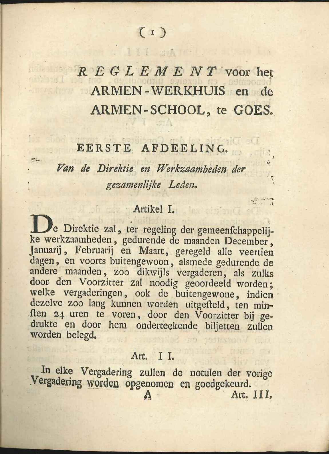 Begin van het reglement op het armen-werkhuis en -school, 1820. GAG.ASG.inv.nr. 2802.