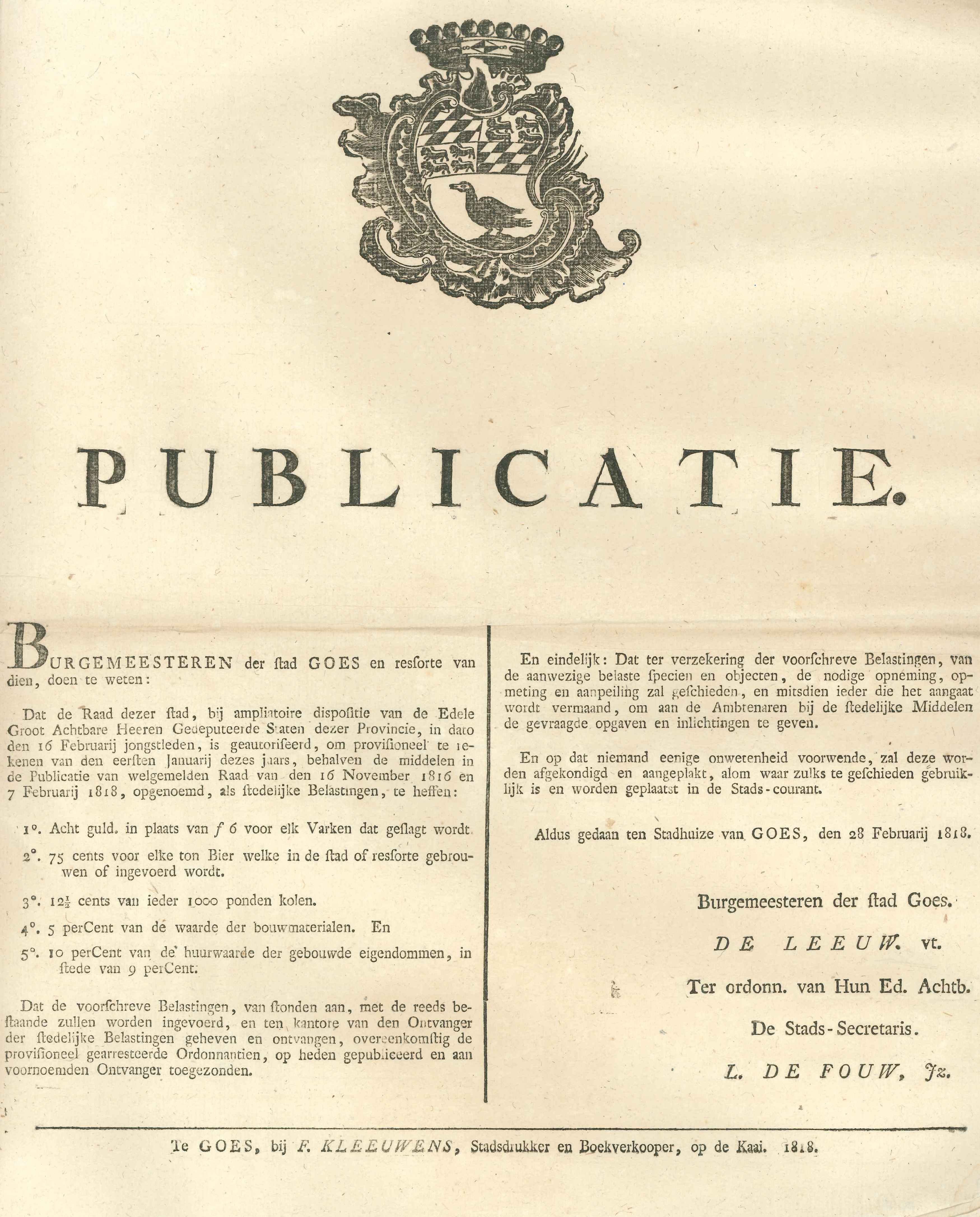 Bekendmaking over belasting op diverse goederen, 1818.