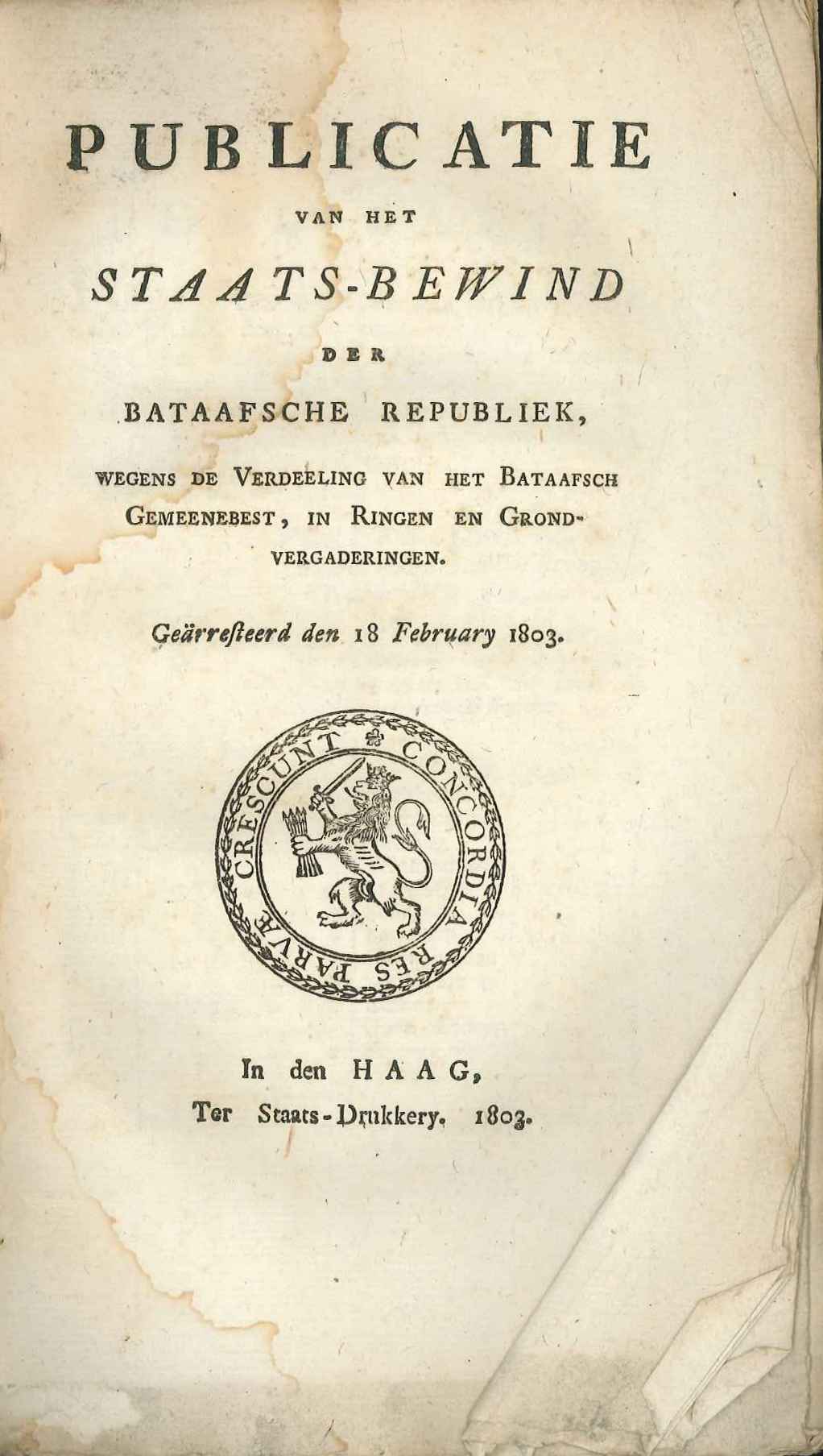 Bekendmaking over de indeling van de Bataafse Republiek, 1803.