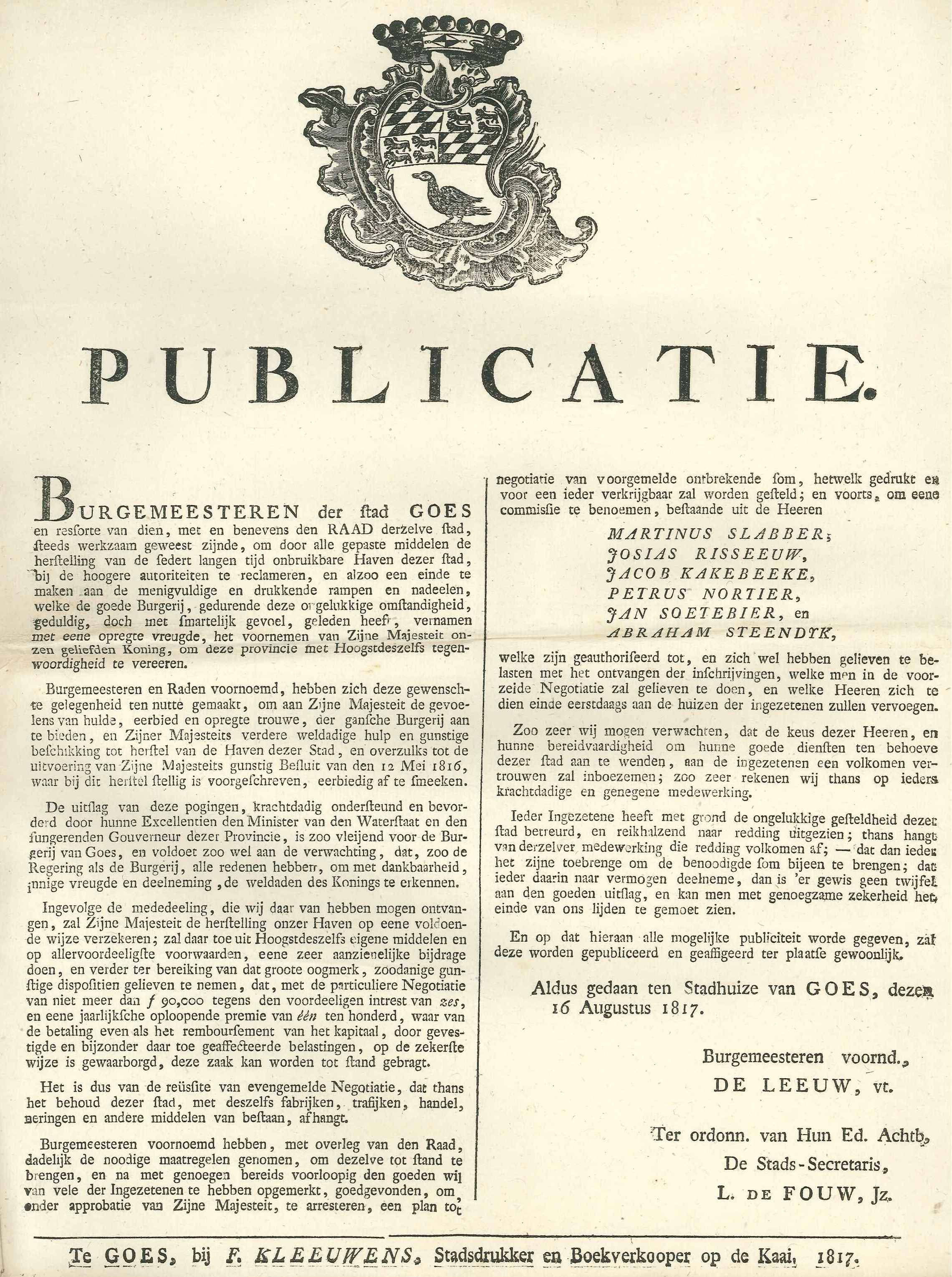 Bekendmaking over een fonds voor het herstel van de haven, 1817.