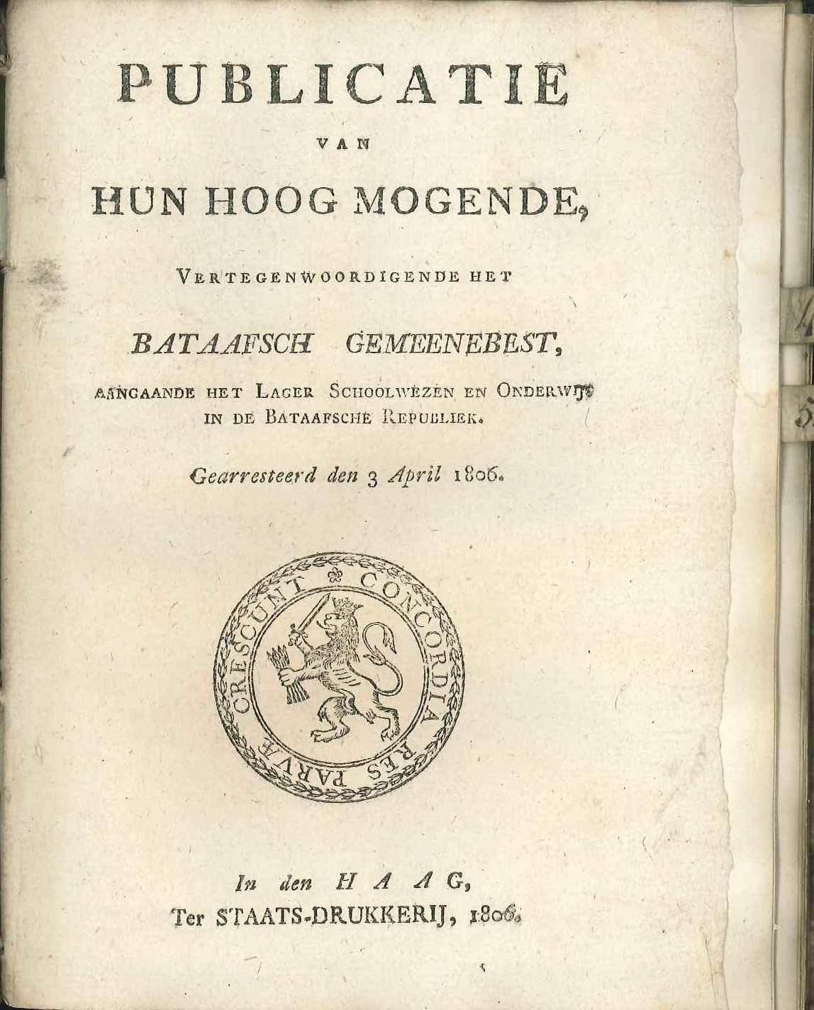 Bekendmaking over het onderwijs in de Bataafse republiek, 1806.