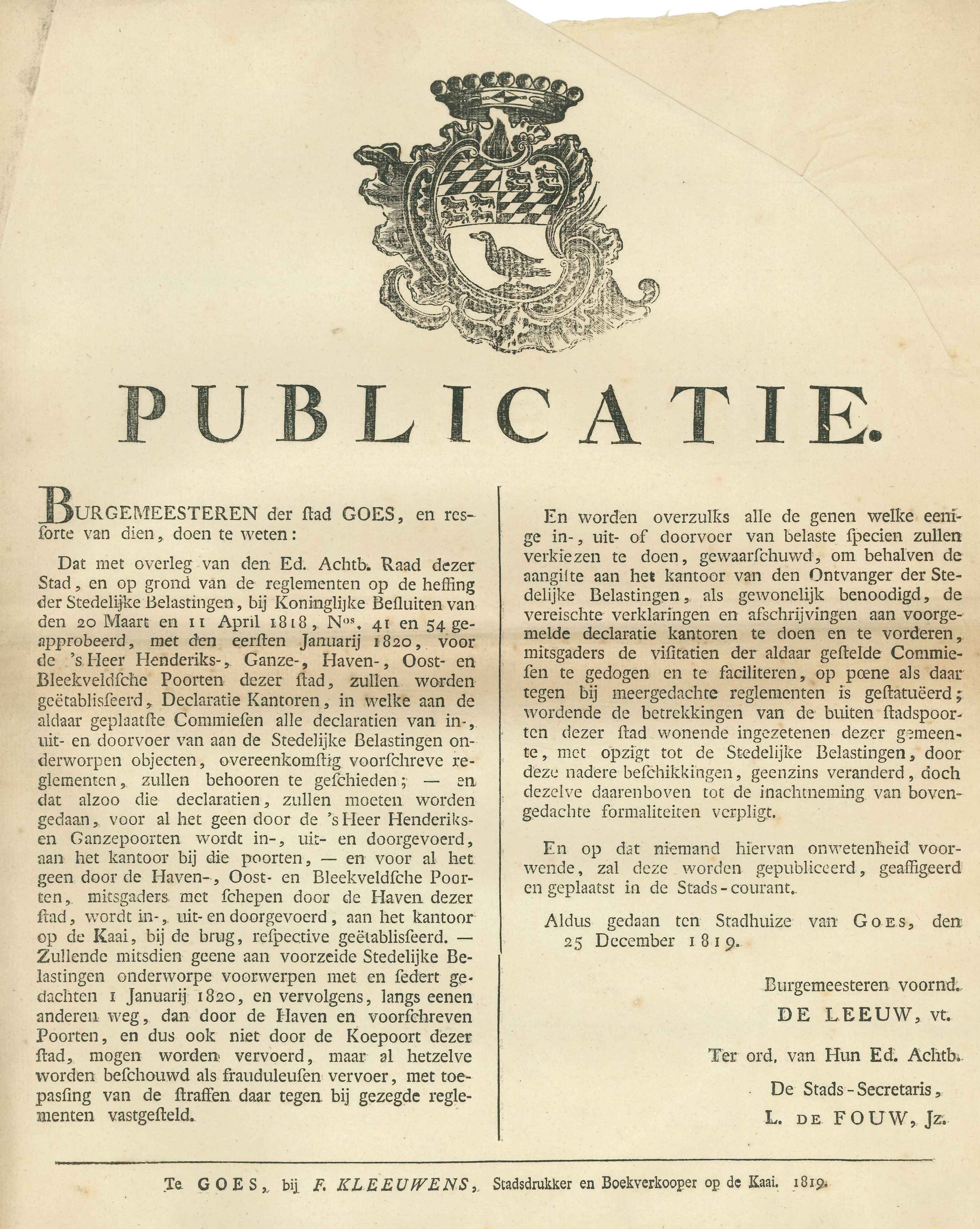 Bekendmaking over het plaatsen van belastinghuisjes bij de stadspoorten, 1819.