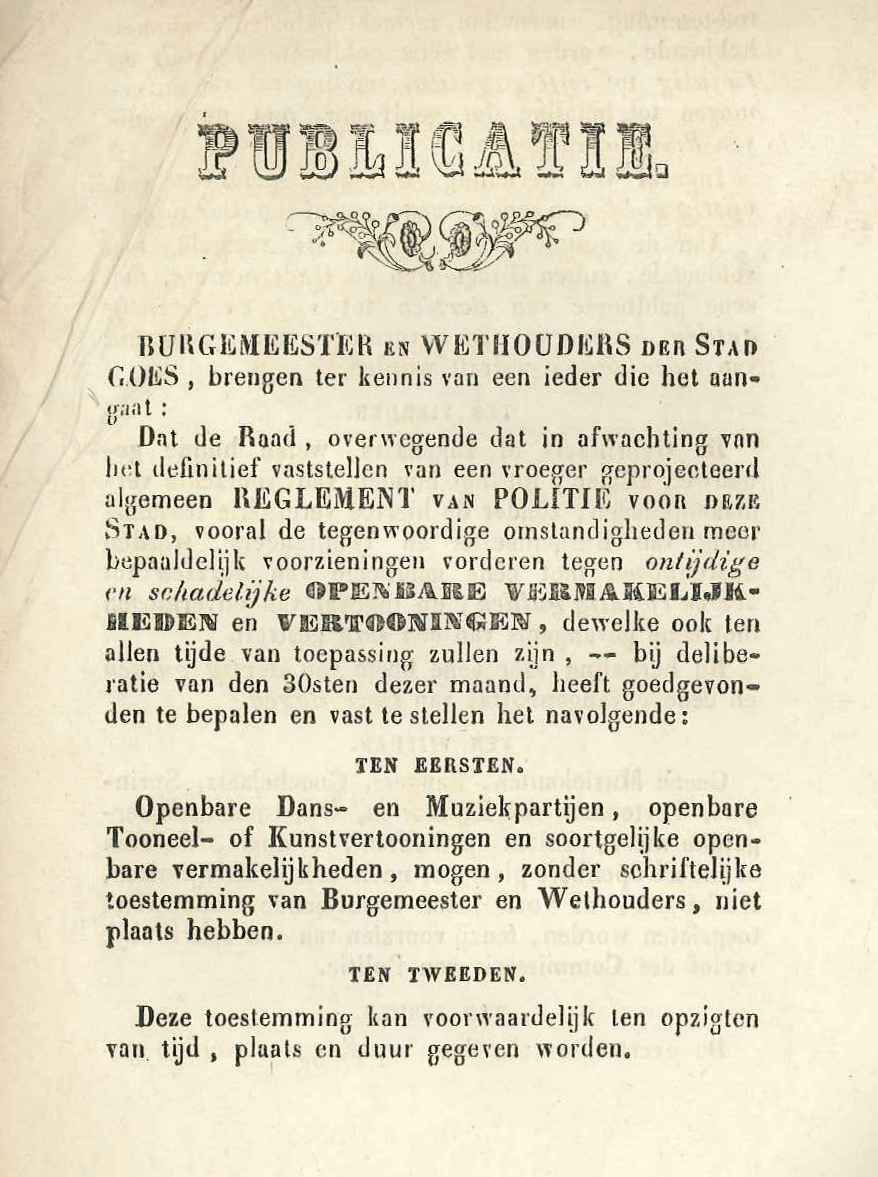  Bekendmaking over het toezicht op openbare vermakelijkheden, 1849. GAG.ASG.inv.nr. 1849.