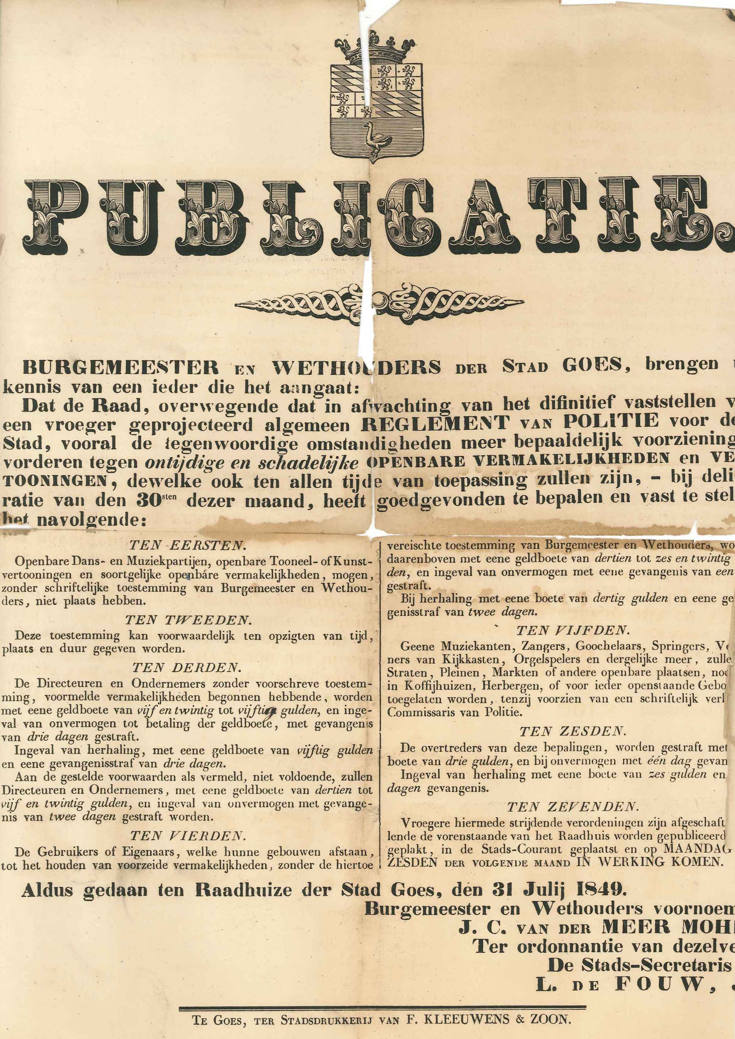  Bekendmaking over verboden openbare vermakelijkheden, 1849. GAG.ASG.inv.nr. 1849.
