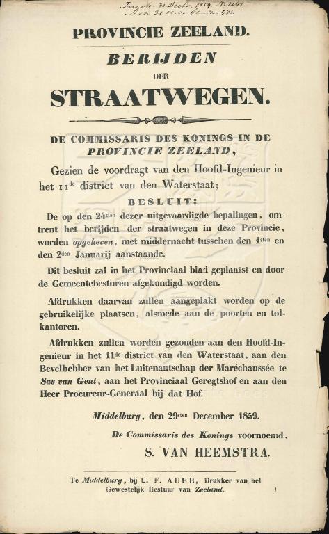 Bekendmaking van de provincie over het berijden van wegen, 1859. GAG.AGG.inv.nr. 233, nr. 1267