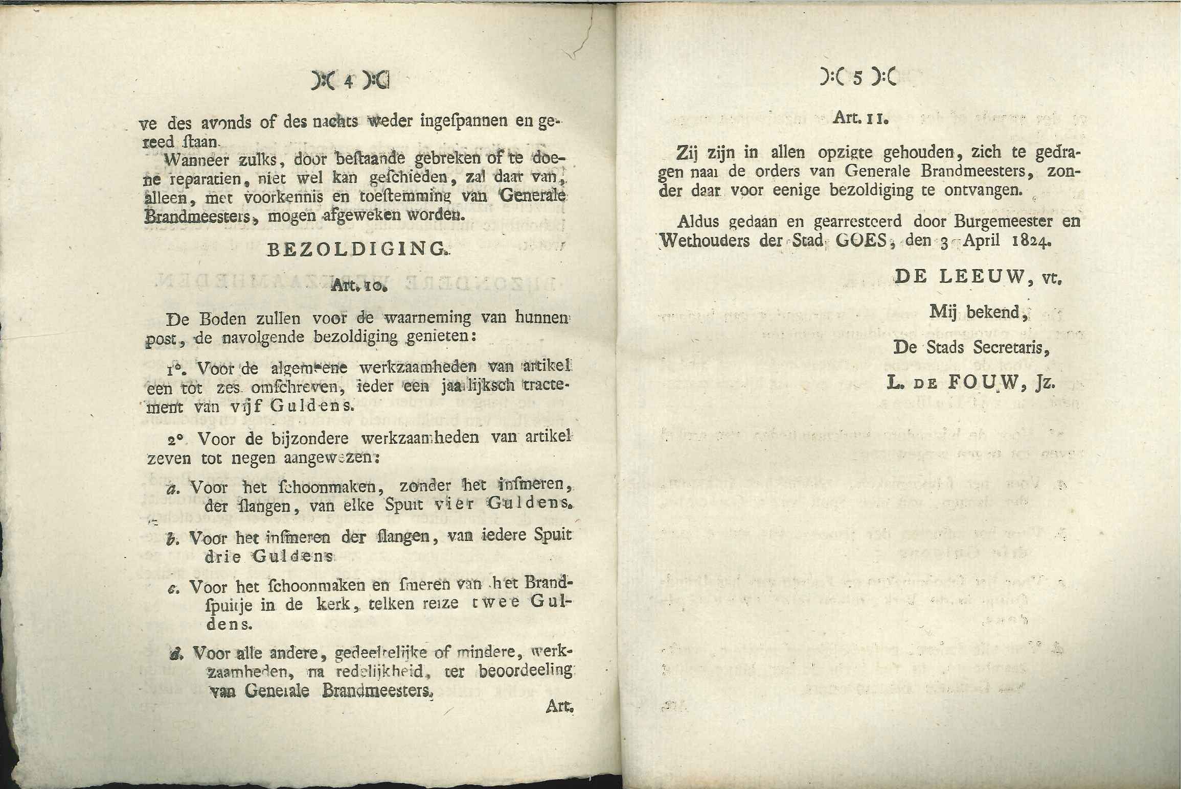 Bepalingen over de bezoldiging van de boden van de brandspuiten, 1824. GAG.ASG.inv.nr. 1858.