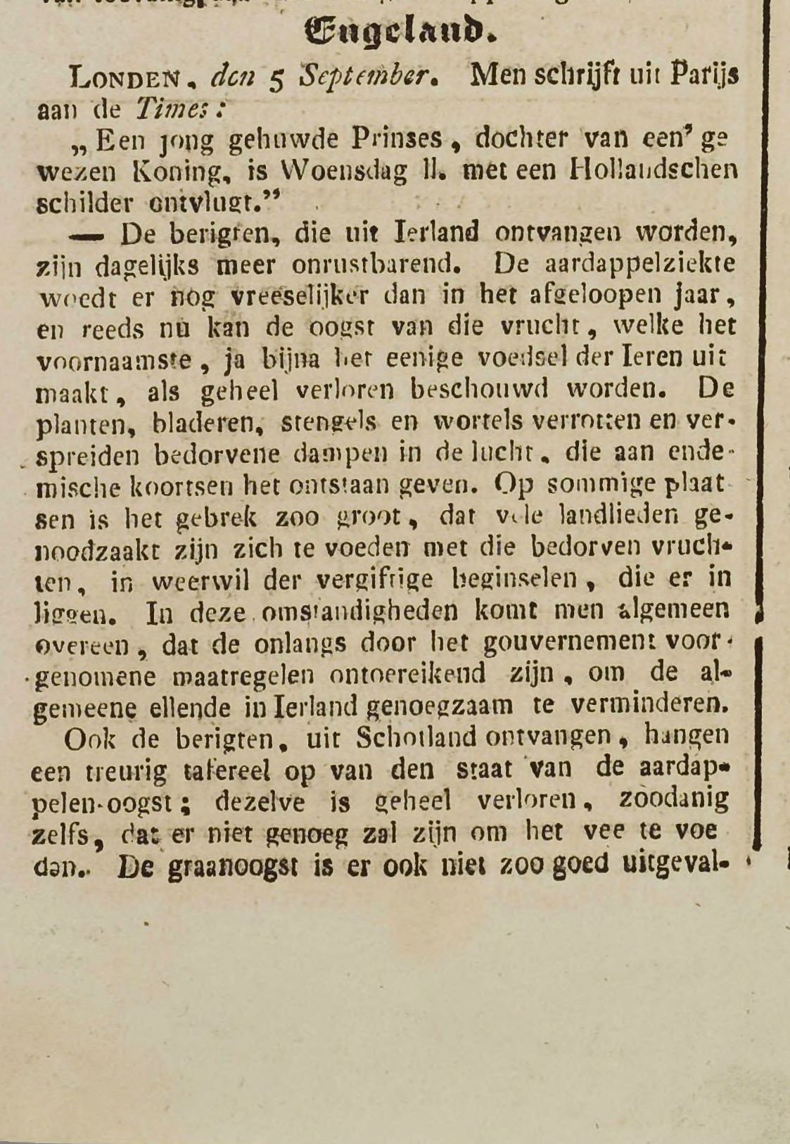 Bericht over de aardappelziekte in Ierland, Goesche Courant 10 september 1846.