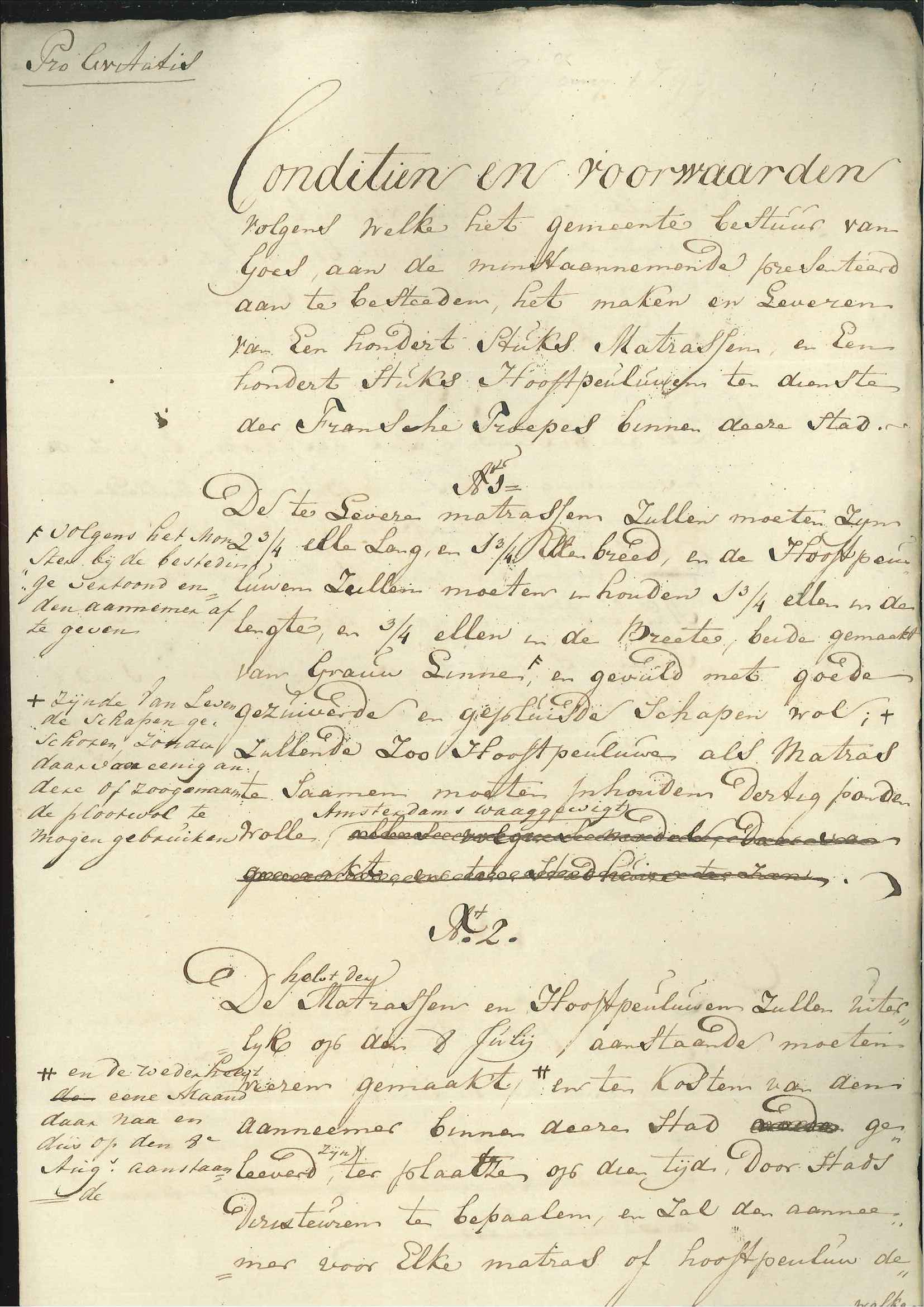 Bestek voor de levering van 100 matrassen en hoofdkussens, 1810.