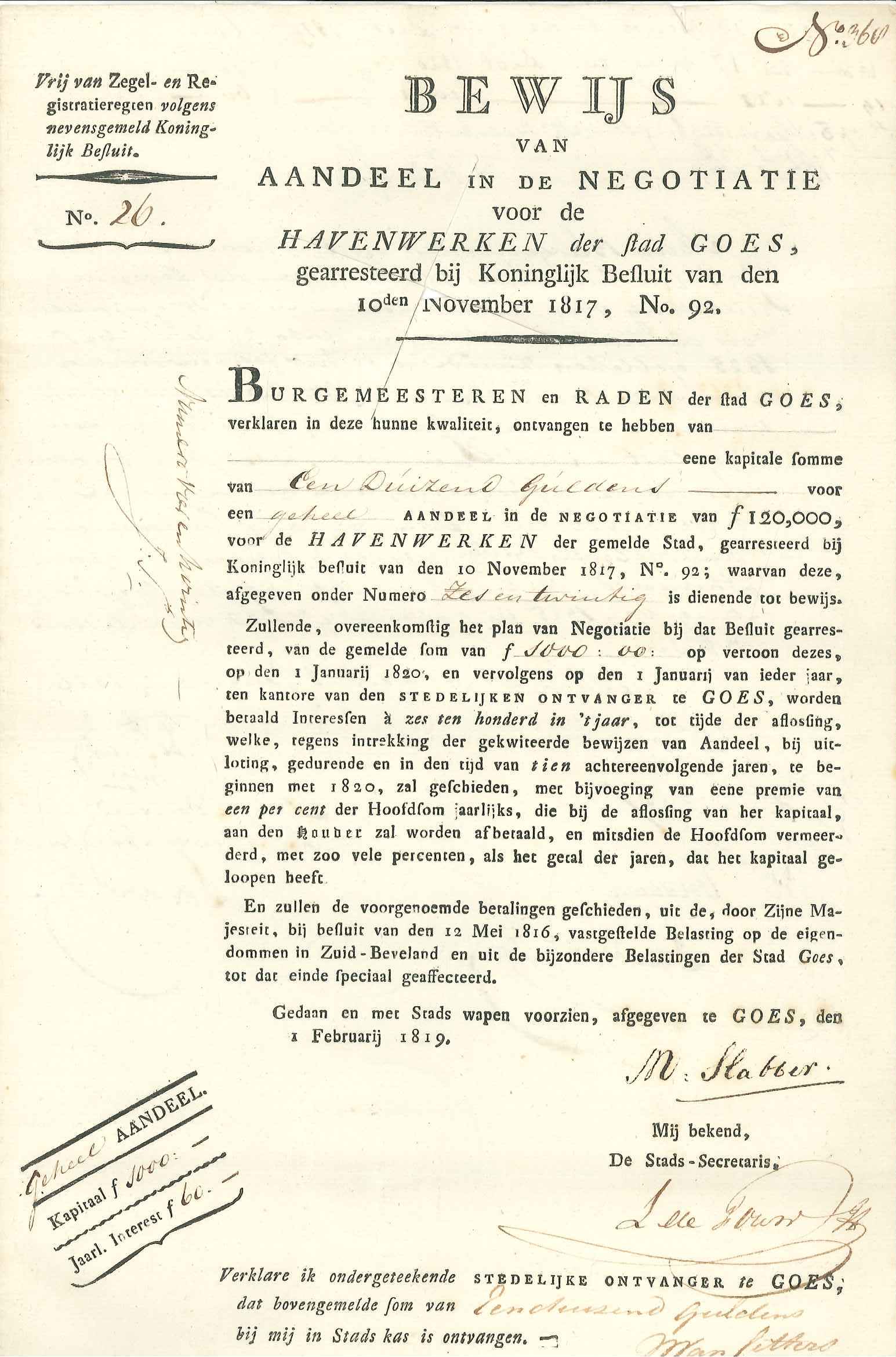 Bewijs van aandeel in het fonds voor de havenwerken, 1819.