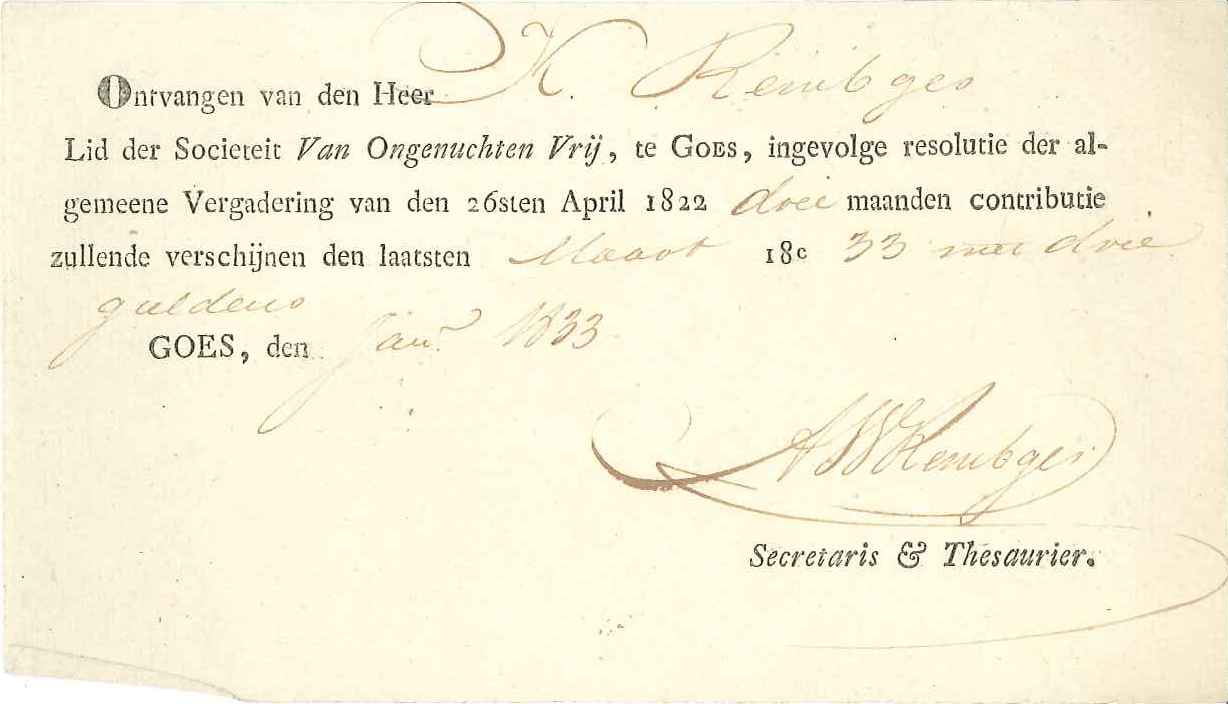 Bewijs van lidmaatschap  voor K. Rembges van de societeit Van Ongeneuchten Vrij, 1833. GAG.HSV.inv.nr. 307.