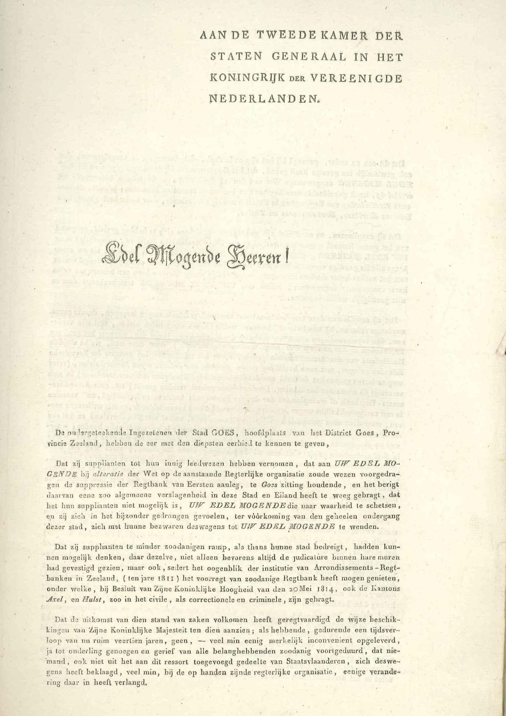 Bezwaar van Goesenaars tegen de opheffing van de rechtbank, 1827. GAG.ASG.inv.nr. 3554.