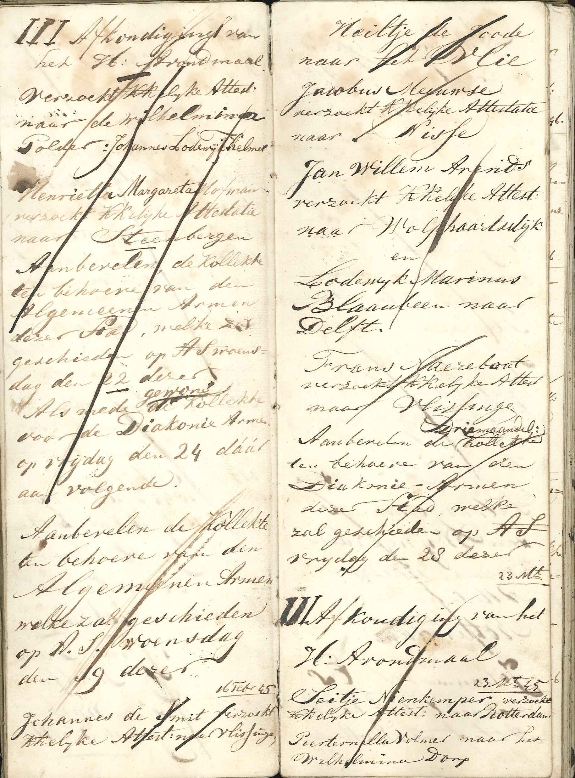 Bladzijde met kanselafkondigingen, 1845. GAG.arch.herv.kerk, inv.nr. 44.