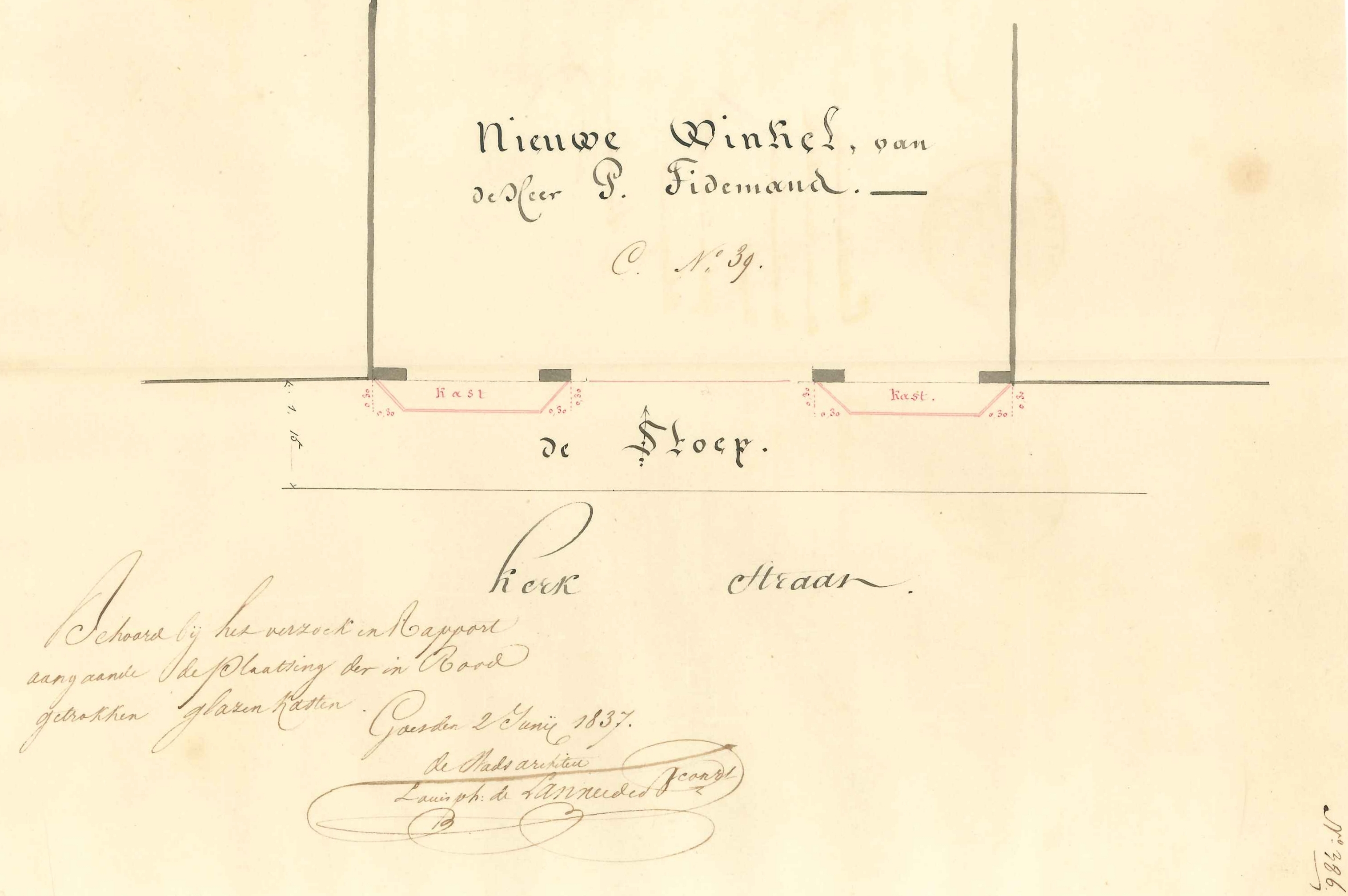 Bouwtekening van de winkel van P. Tidemans, Lange Kerkstraat C36, nu 26, 1837. GAG.ASG 549.2, nr. 386.