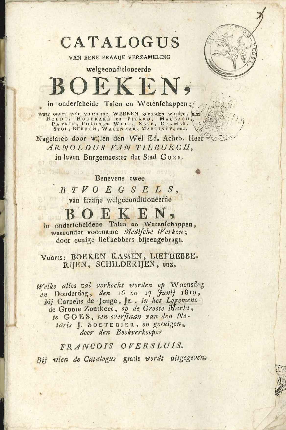 Catalogus van de veiling van boeken van A. van Tilburgh, 1819.