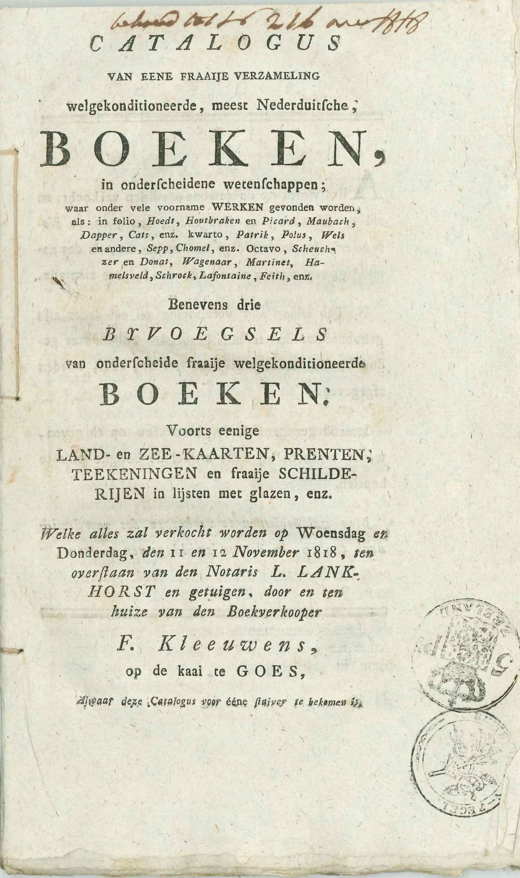 Catalogus van de veiling van boeken van F. Kleeuwens, 1818.
