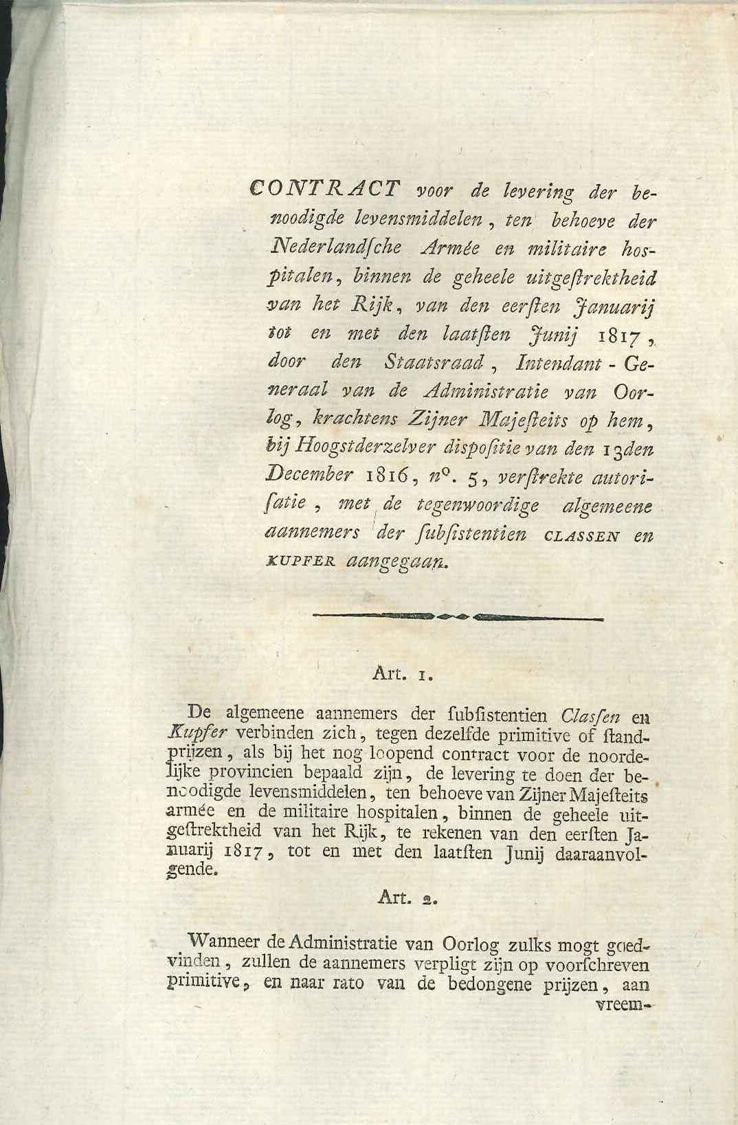 Contract voor de levering van proviand aan het leger, 1817.