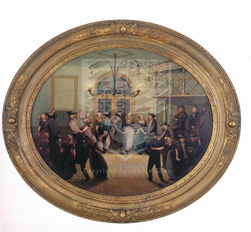 Dansende boeren in Slot Oostende, 1860, door J. Haak. Museum Hulst