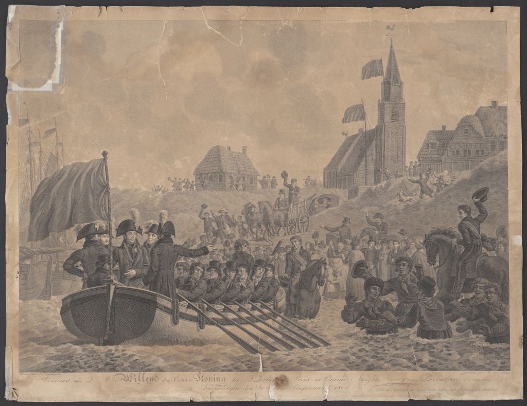 De aankomst van koning Willem I op het strand te Scheveningen, 1813.
