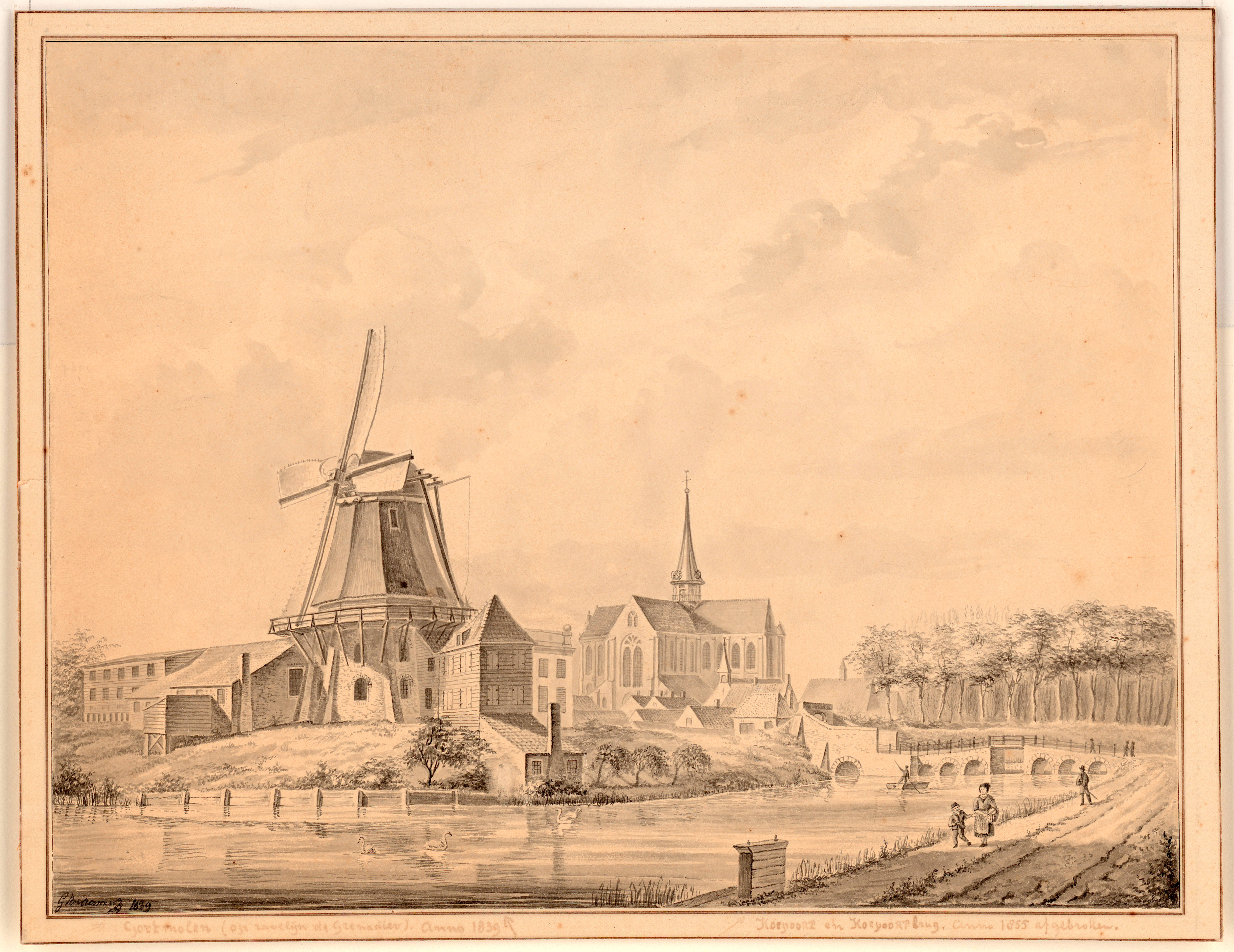 De gortmolen op Ravelijn De Grenadier, met de Koepoort en -brug, G. Braam, 1839. GAG.HTA.