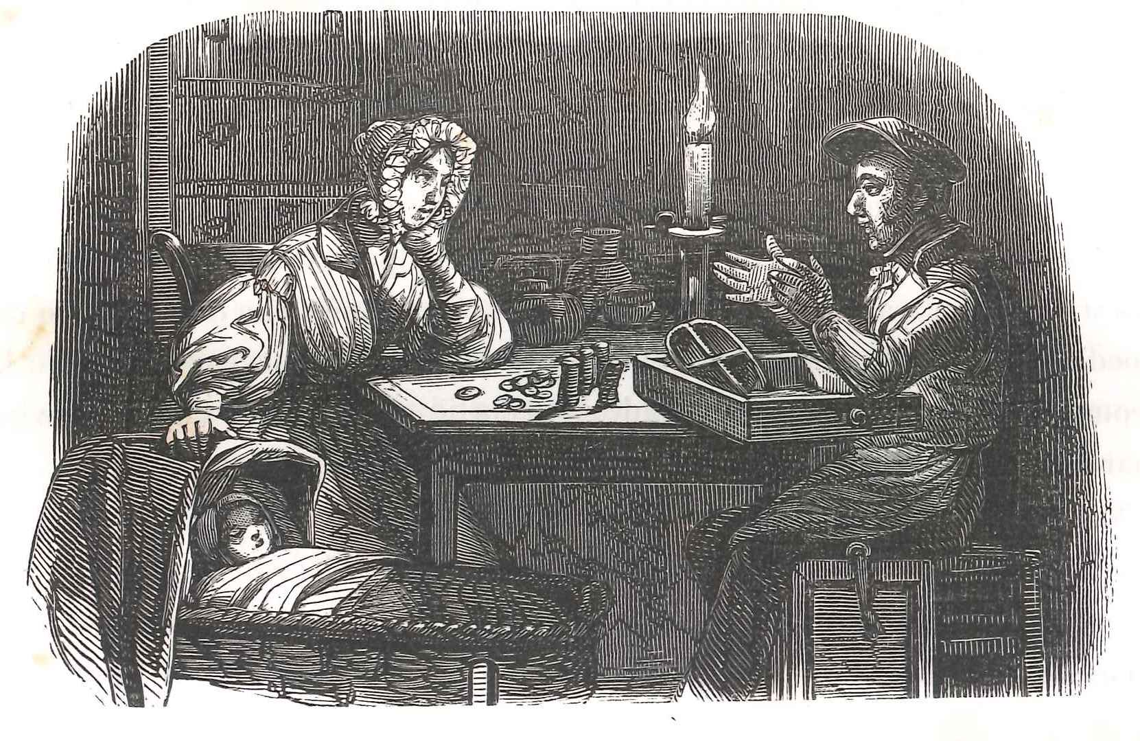 De kruidenier maakt de kas op. 'Karakterschetsen', 1841. HMDB.
