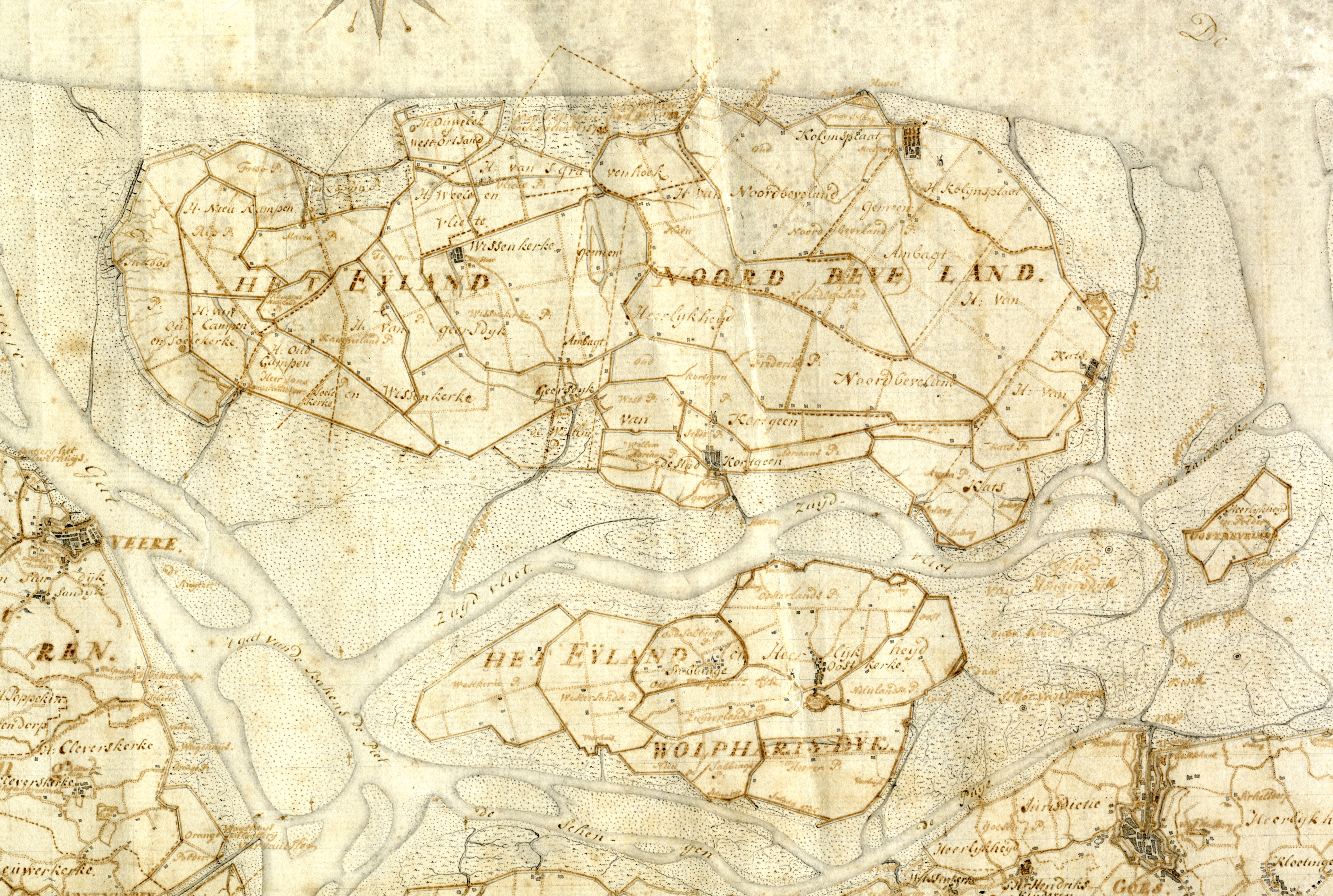 Detail van de kaart van Zeeland door L. Boeren, met Goes en Noord-Beveland, 1776.