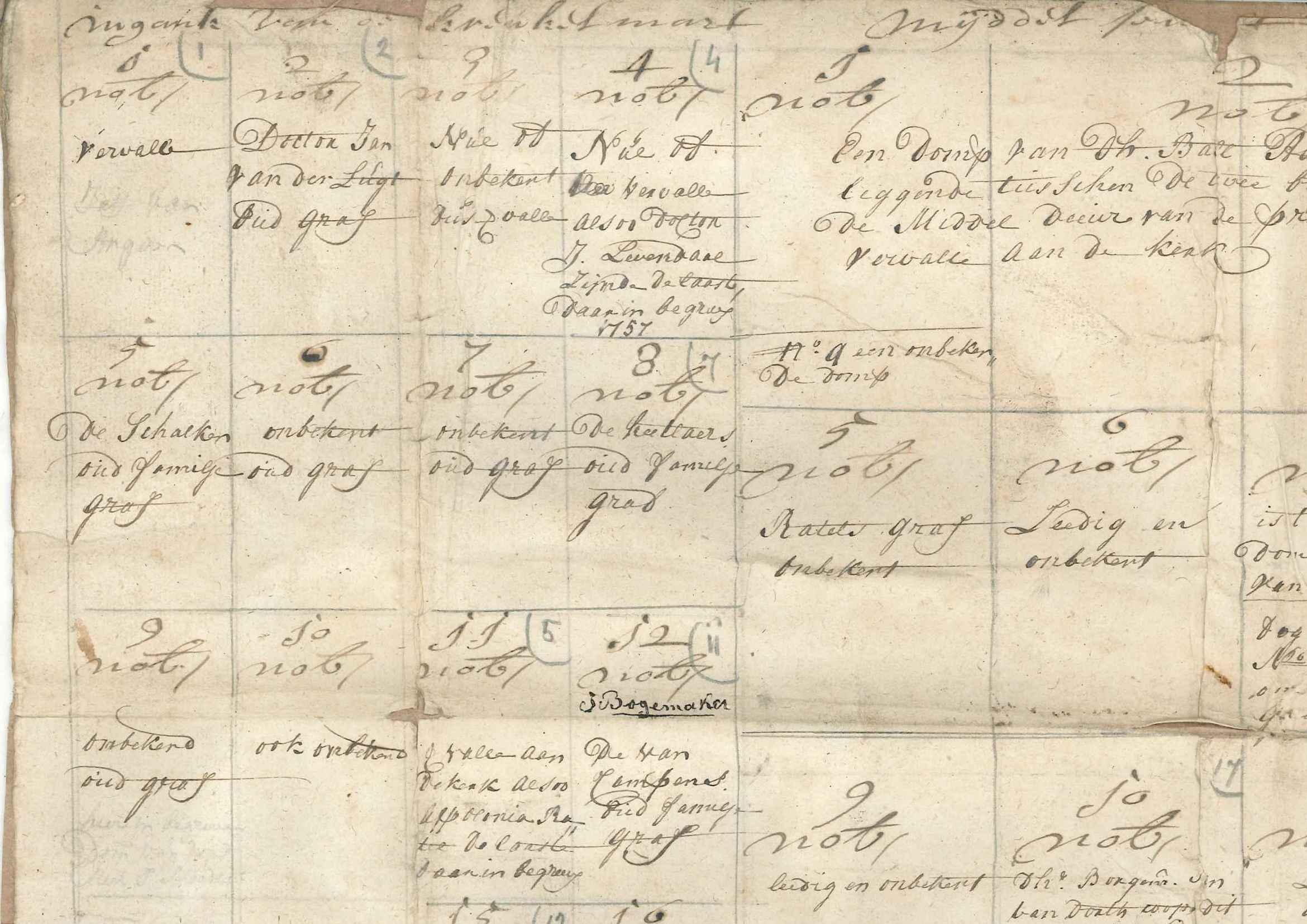 Detail van een plattegrond met graven in de kerk, ca. 1800.