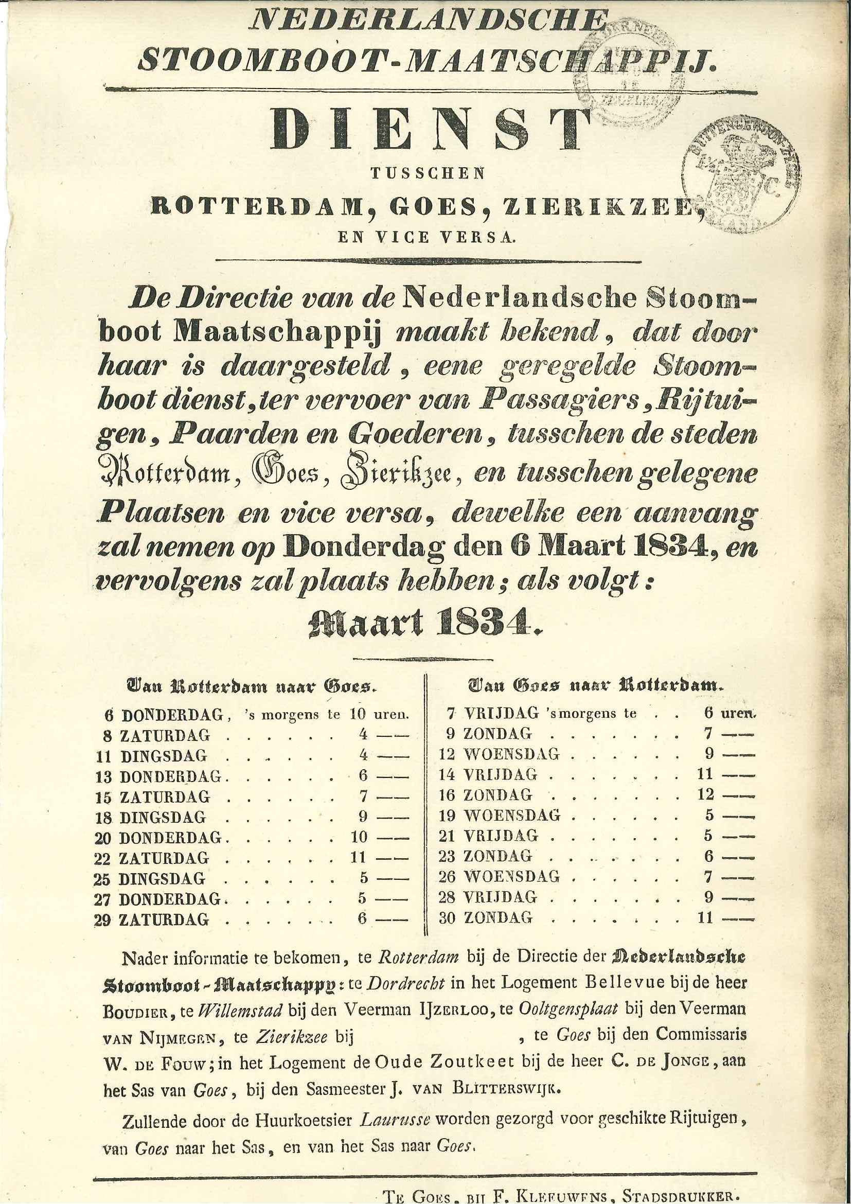 Dienstregeling van de stoomboot op Zierikzee en Rotterdam, 1834. GAG.ASG.inv.nr. 536,2, nr. 697.