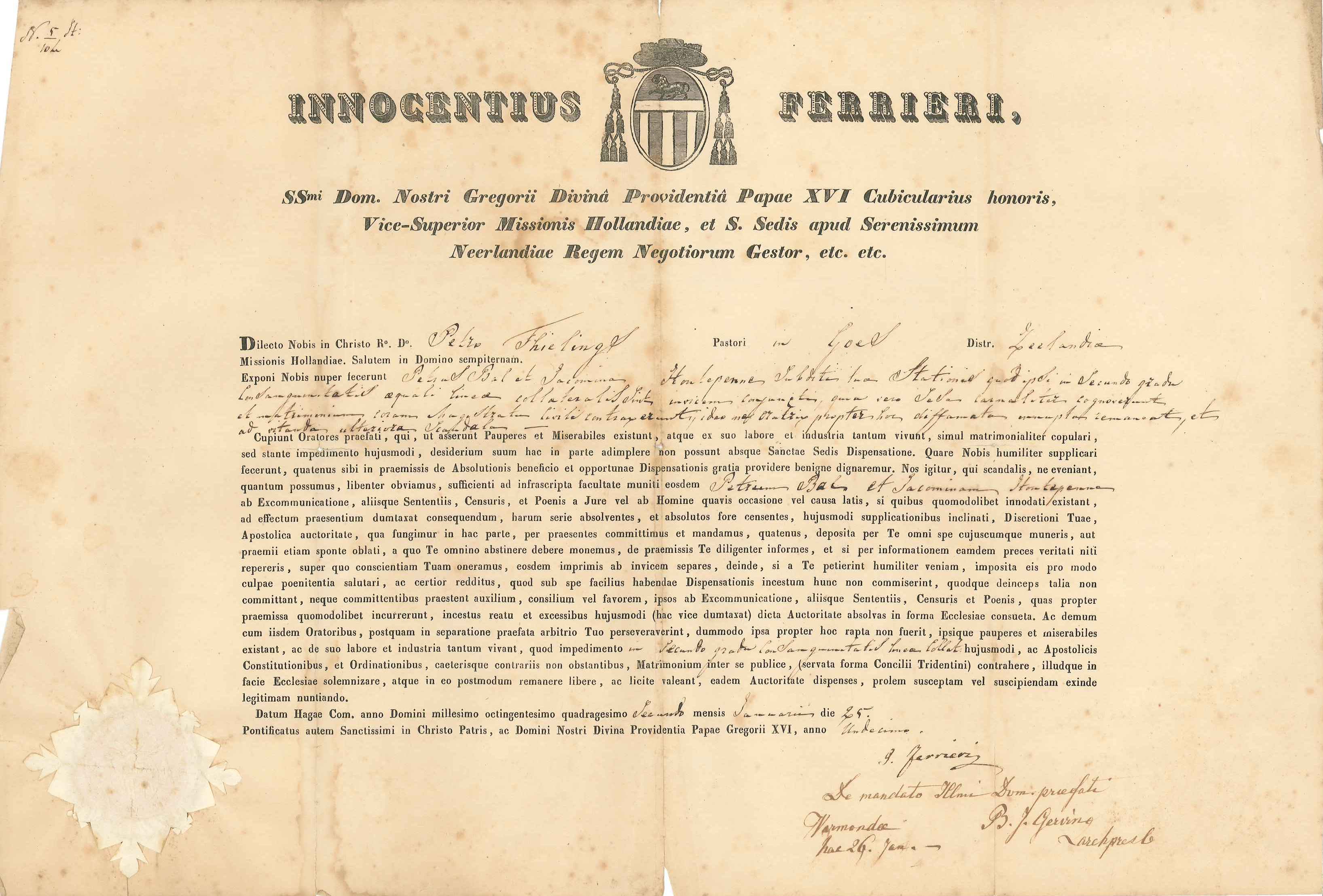Dispensatie voor het huwelijk van P. Bal en J. Houtepenne, 1842. Arch.rk.kerk,inv.nr. 44.