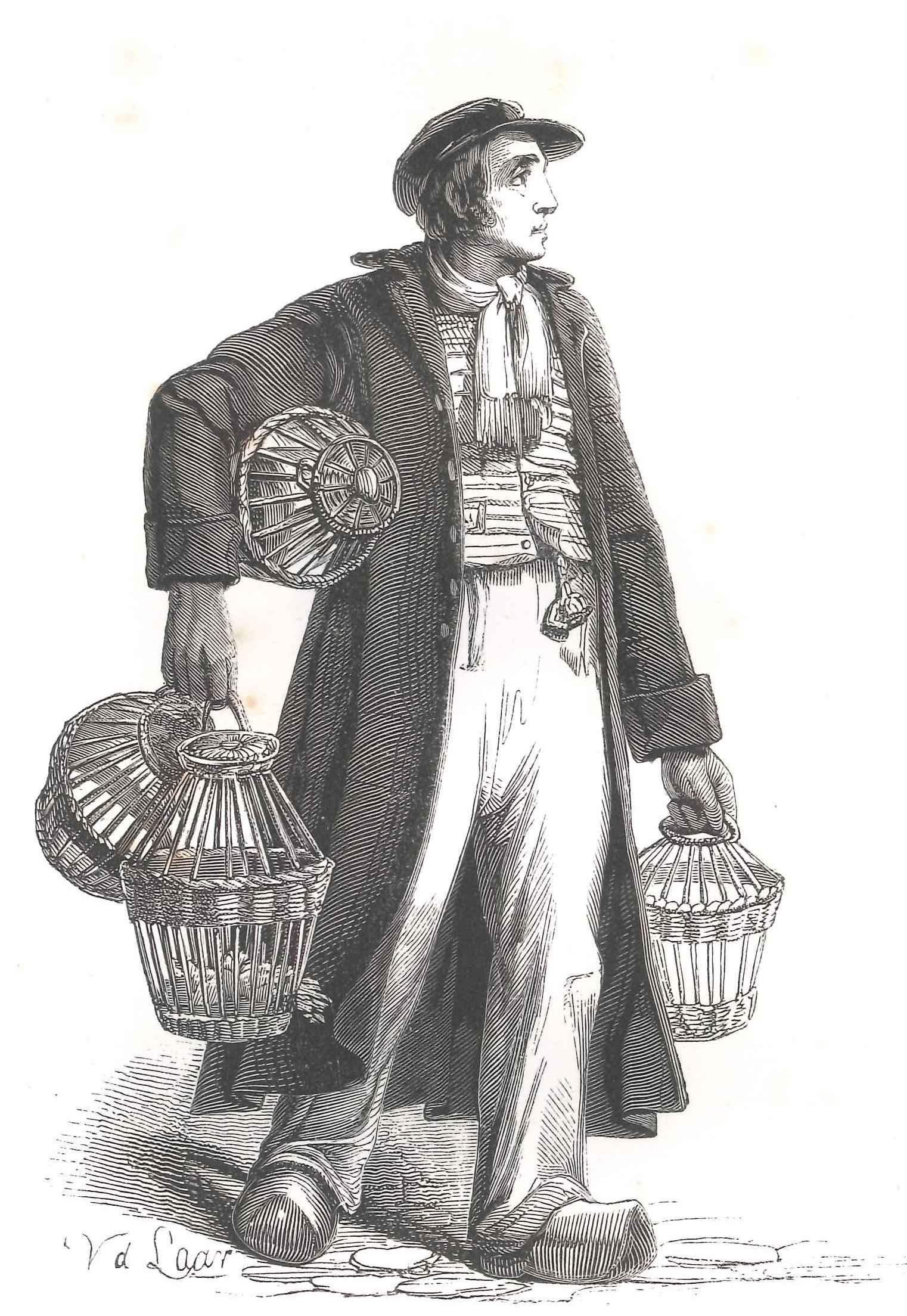 Een duivenmelker met duivenkorven. 'Karakterschetsen', 1841. HMDB.