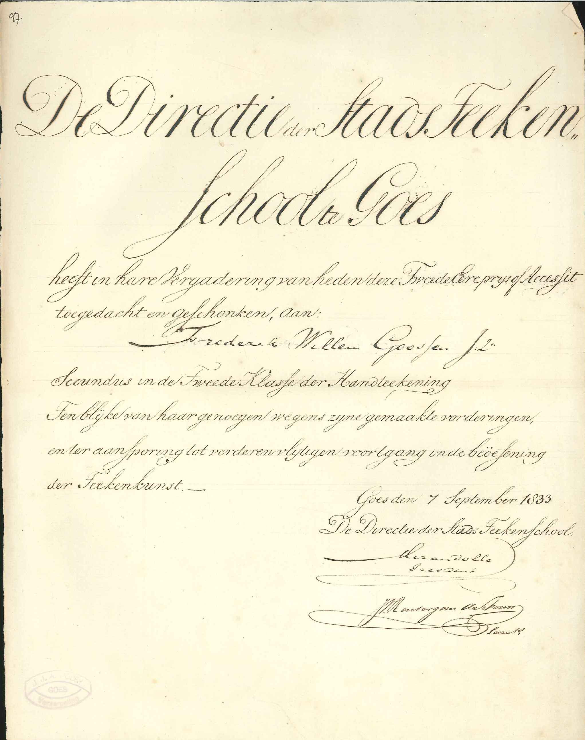Eereprijs van de Teekenschool voor  F.W. Goossen Jz., 1833. GAG.HSV.inv.nr. 88.