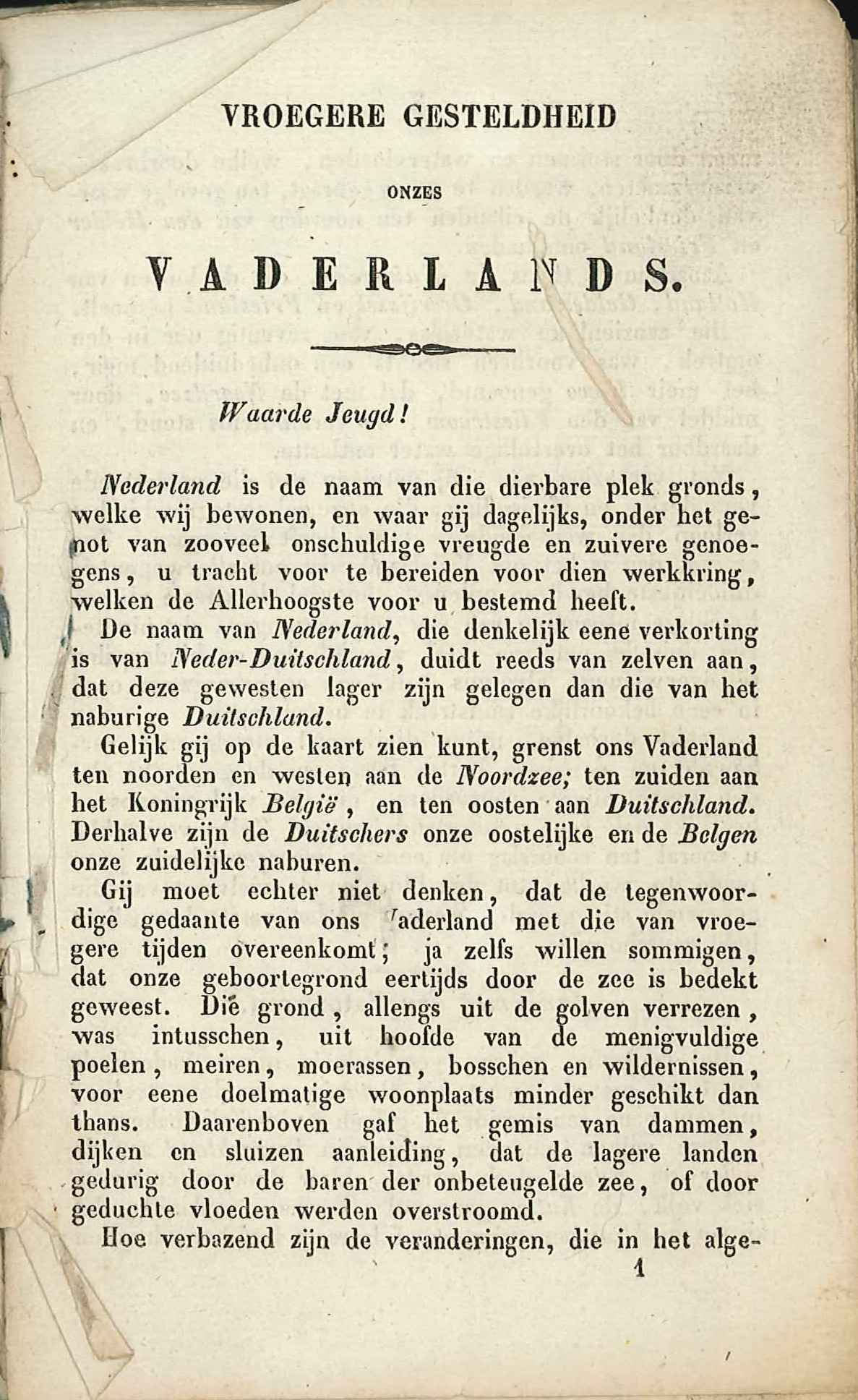 Eerste bladzijde uit een geschiedenisboekje voor het lager onderwijs door T. Knuivers, Amsterdam 1854. GAG.HB.