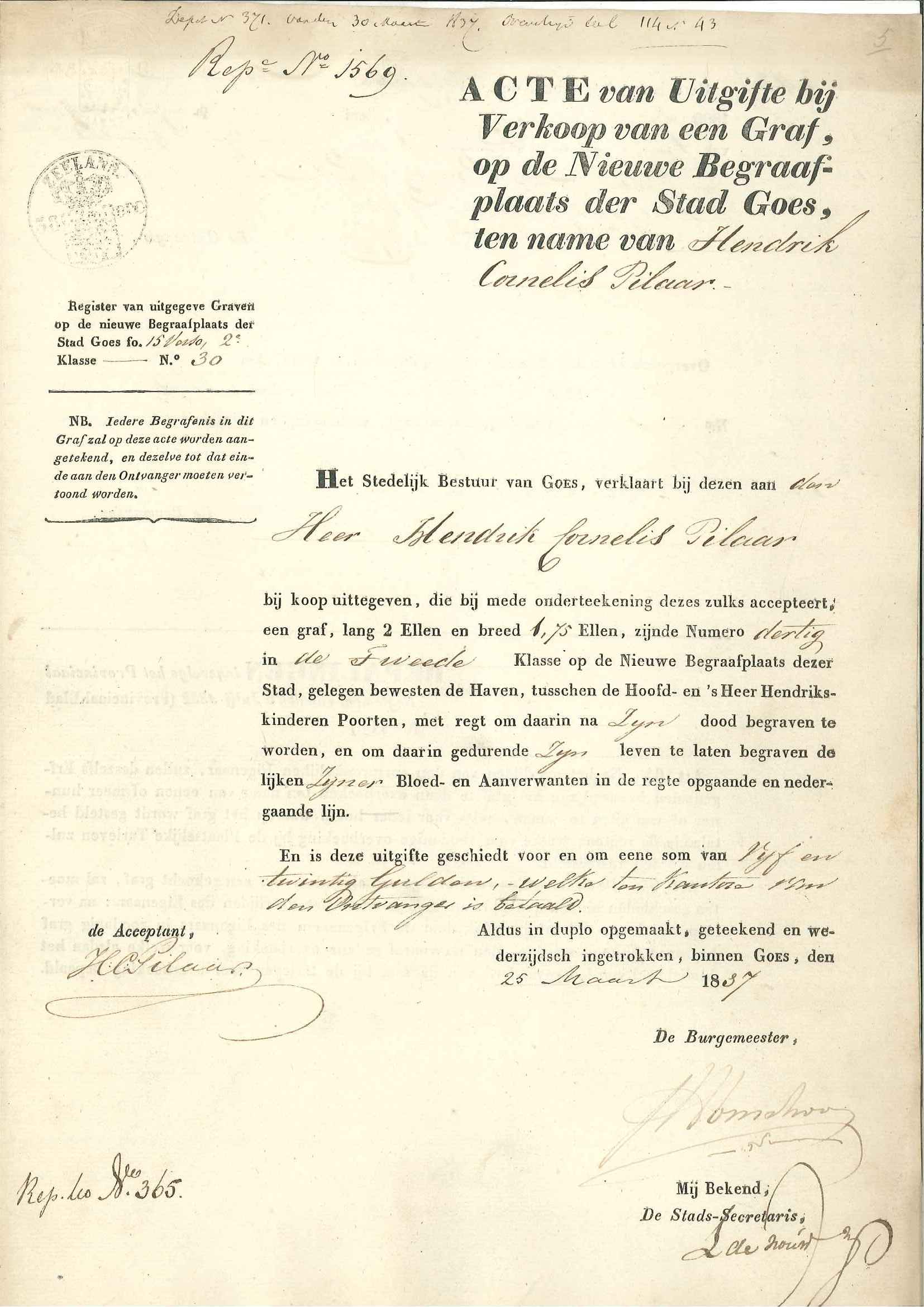 Eigendomsakte van een familiegraf van H.C. Pilaar, 1837. GAG.ASG.inv.nr. 2001.