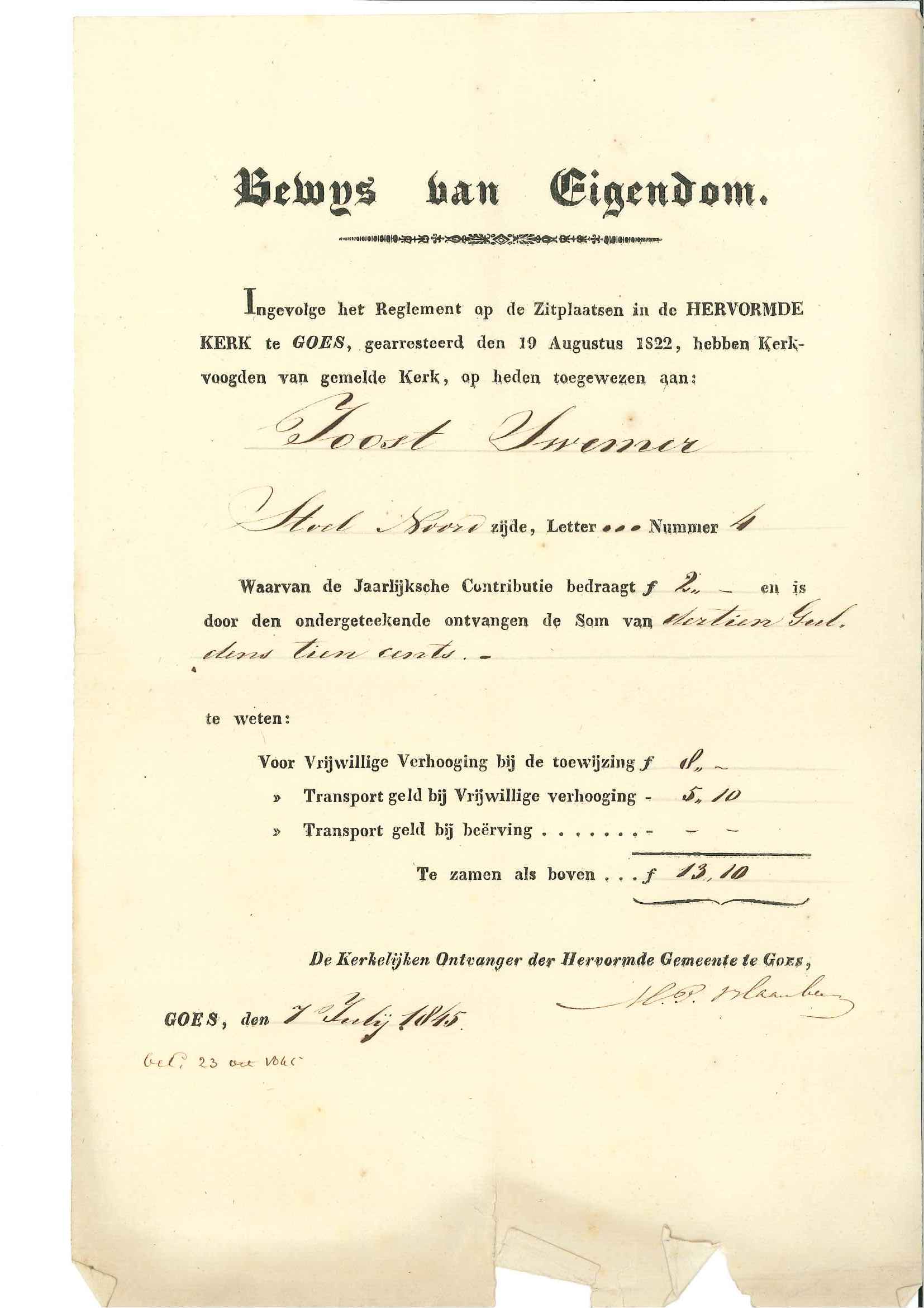 Eigendomsbewijs voor een zitplaats in de Grote Kerk, 1845. GAG, fam.arch. Zwemer.