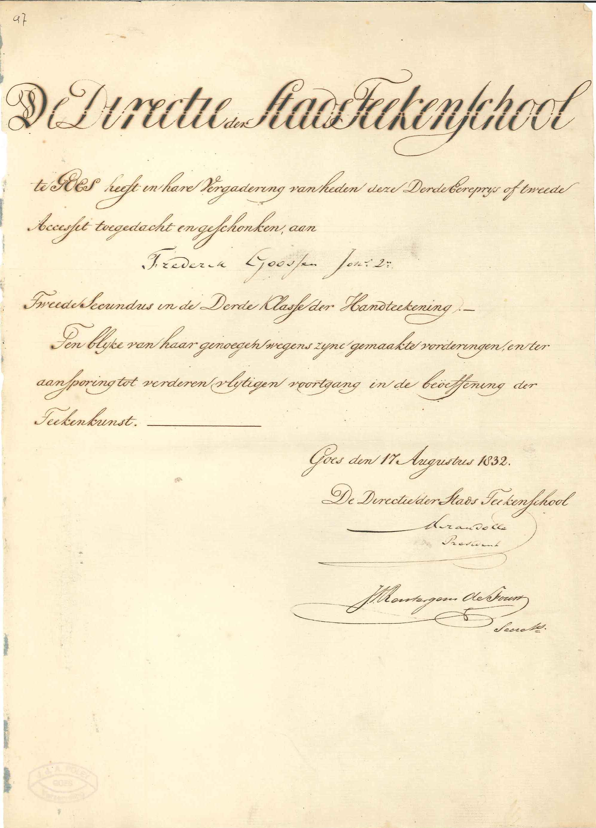 Ereprijs van de Tekenschool voor Frederik Goossen Joh.zn., 1832. GAG.HSV.inv.nr. 88.
