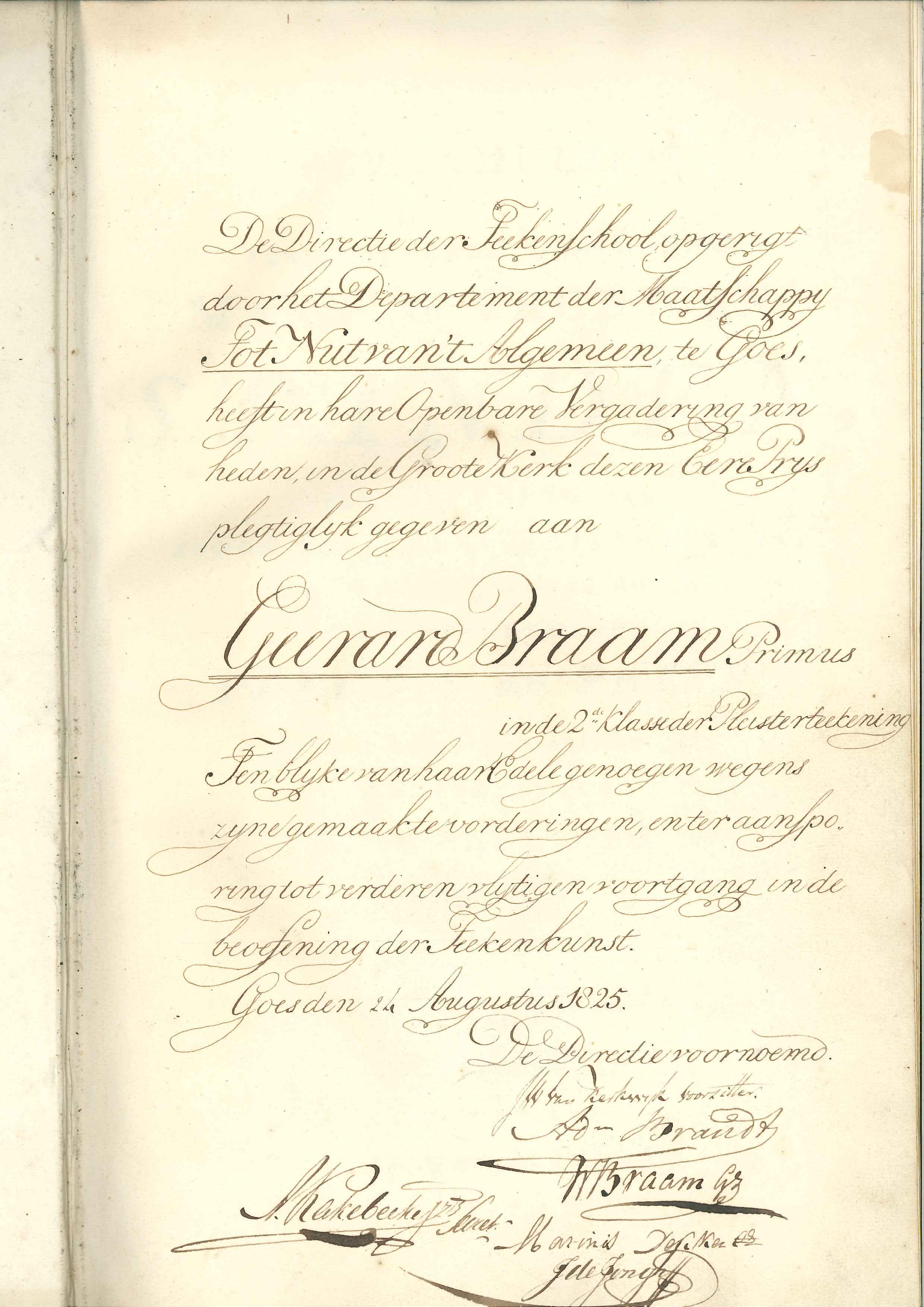Ereprijs voor Geerard Braam, 1825, in 'Verz. Mans- en vrouwenstanden', Rotterdam 1818. GAG.Arch.Nut, inv.nr. 94.