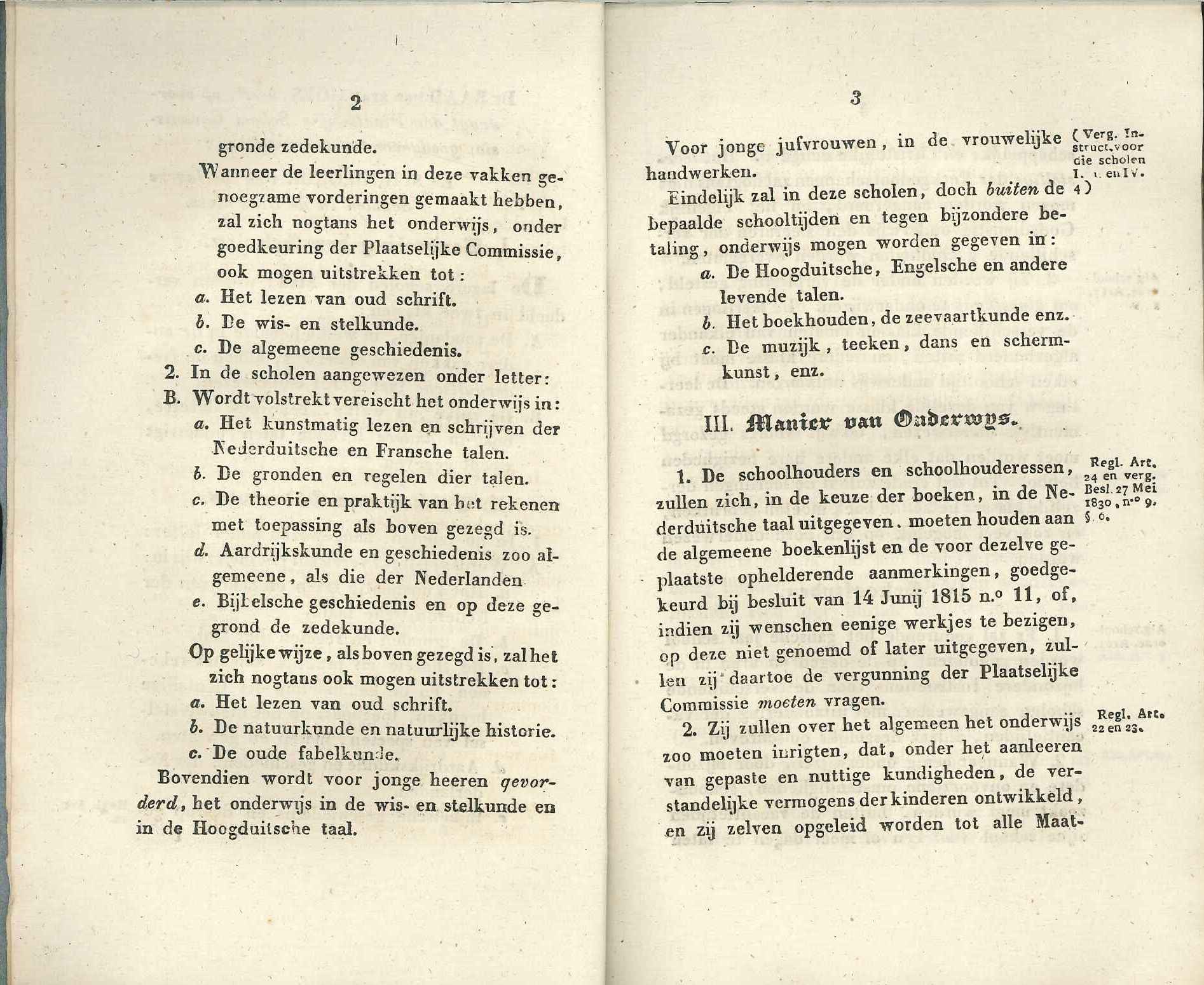 Fragment uit het reglement op de lagere scholen over de vakken, 1837. GAG.ASG.inv.nr. 3286.