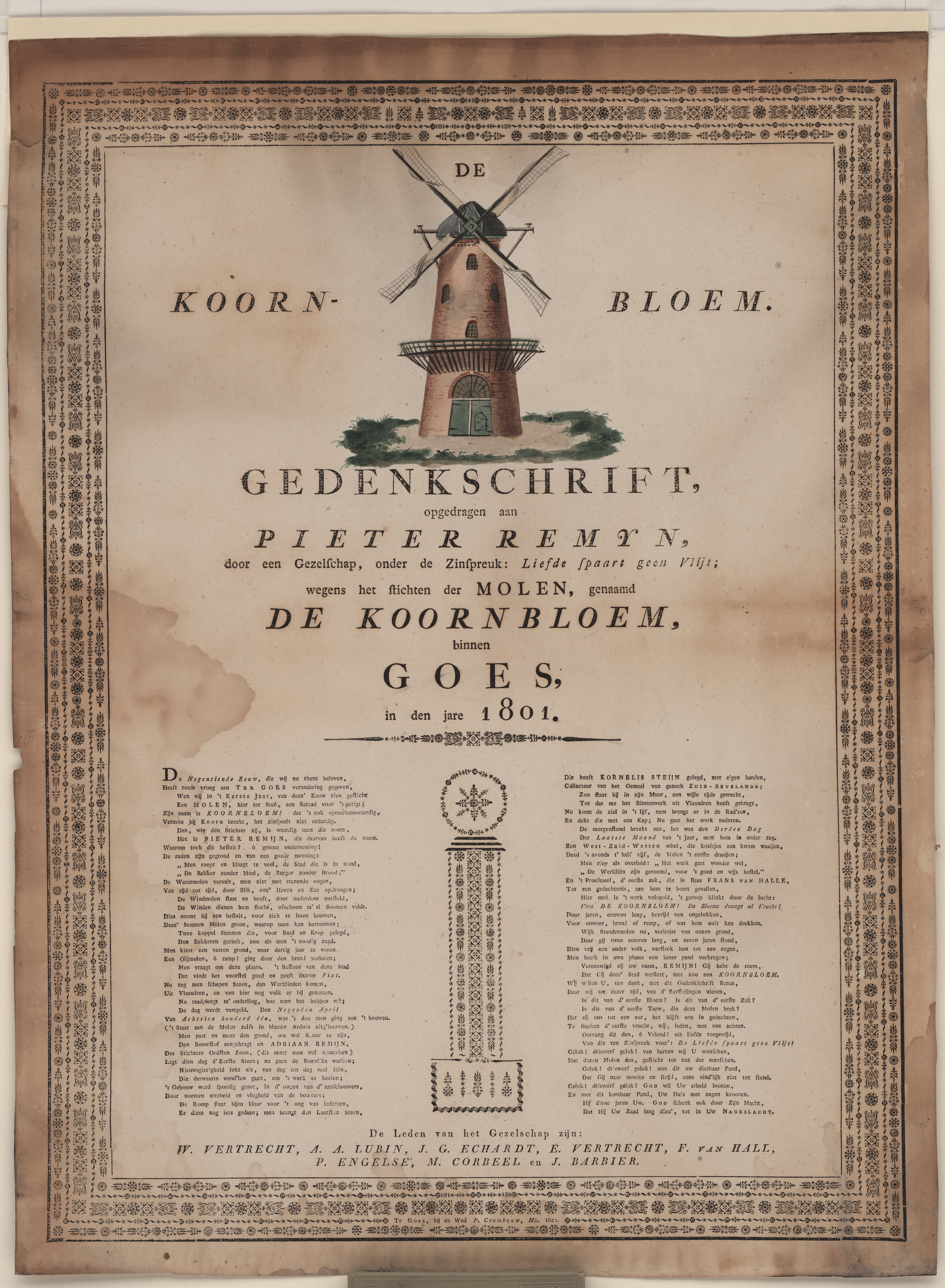 Gedenkprent op de stichting van korenmolen De Koornbloem, 1801.