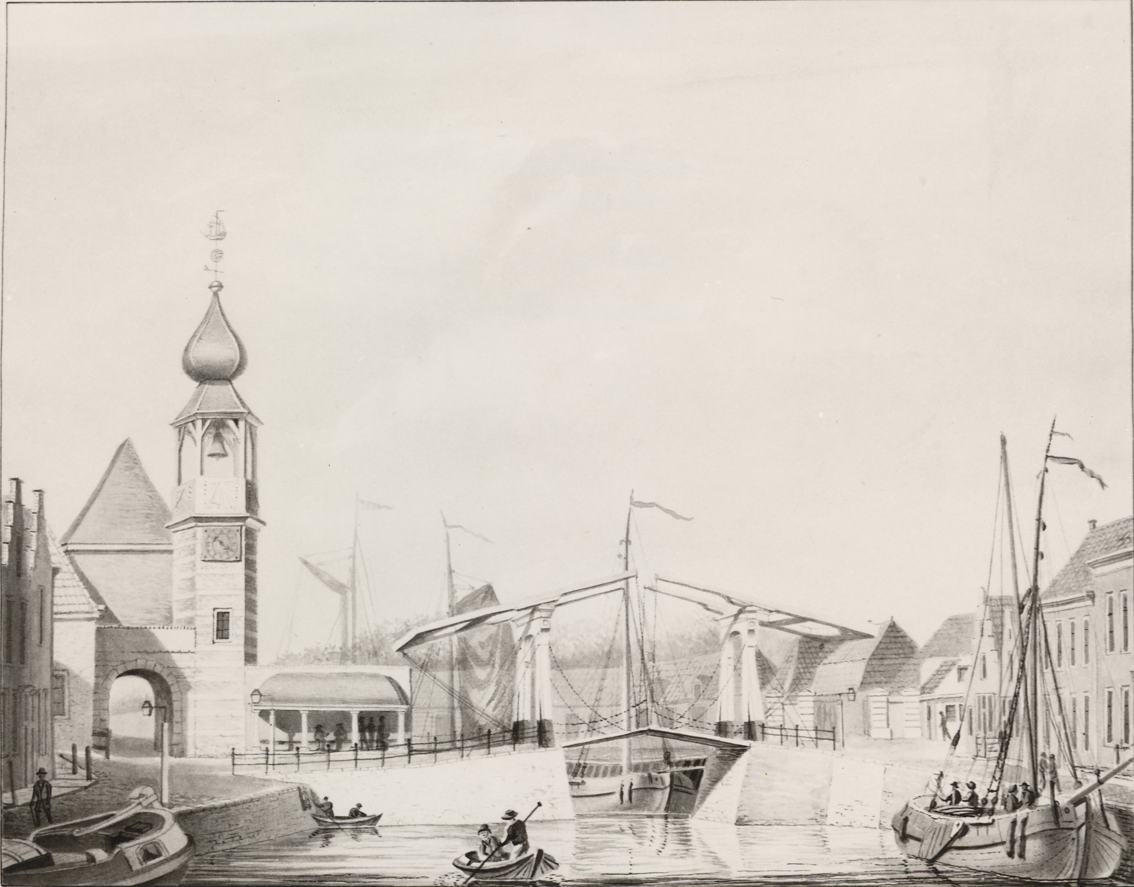 Gezicht op de ophaalbrug met rechts de Grote Kade en de Albert Joachimikade, vermoedelijk door G. Braam, ca. 1840. Zws.Gen.