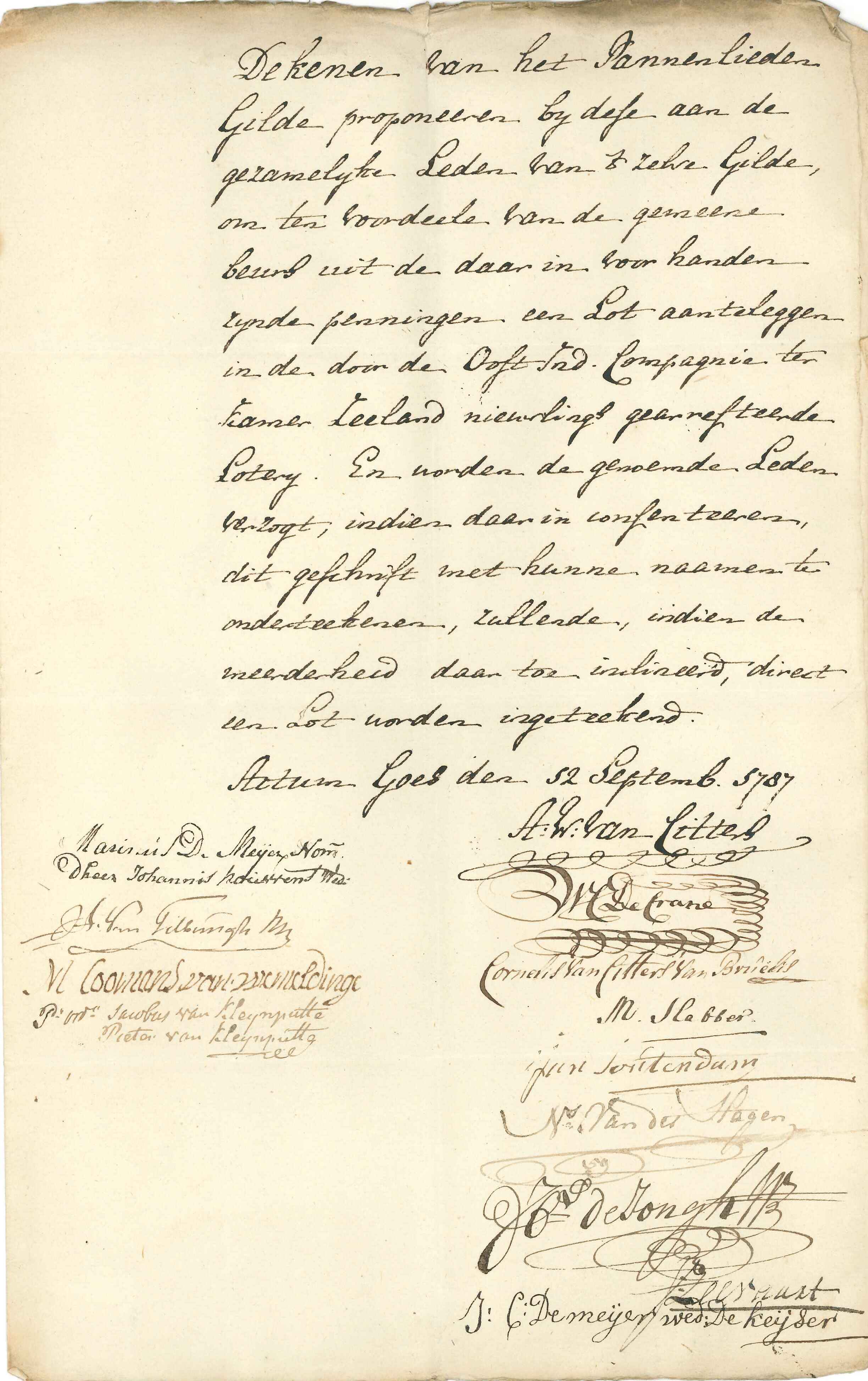 Voorstel van het bestuur van het panneliedengilde om deel te nemen in de VOC-loterij, 1787.