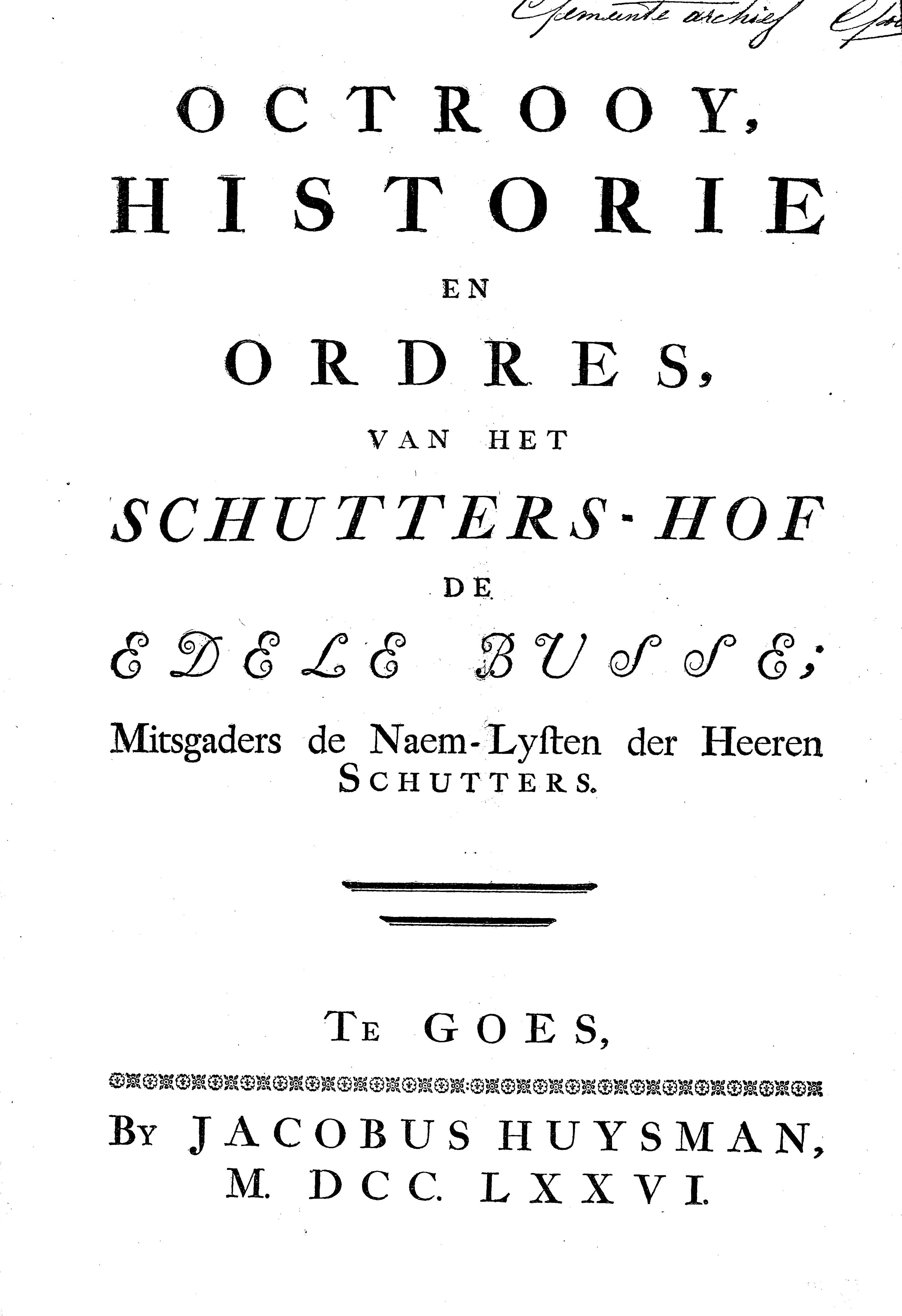 Titelblad van een beschrijving van het kolveniersgilde, 1776.