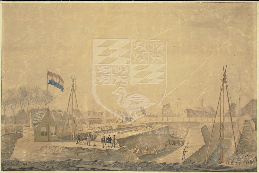 Graafwerk voor de fundering van de gevangenis, aquarel G. Braam, 1859. HMDB.