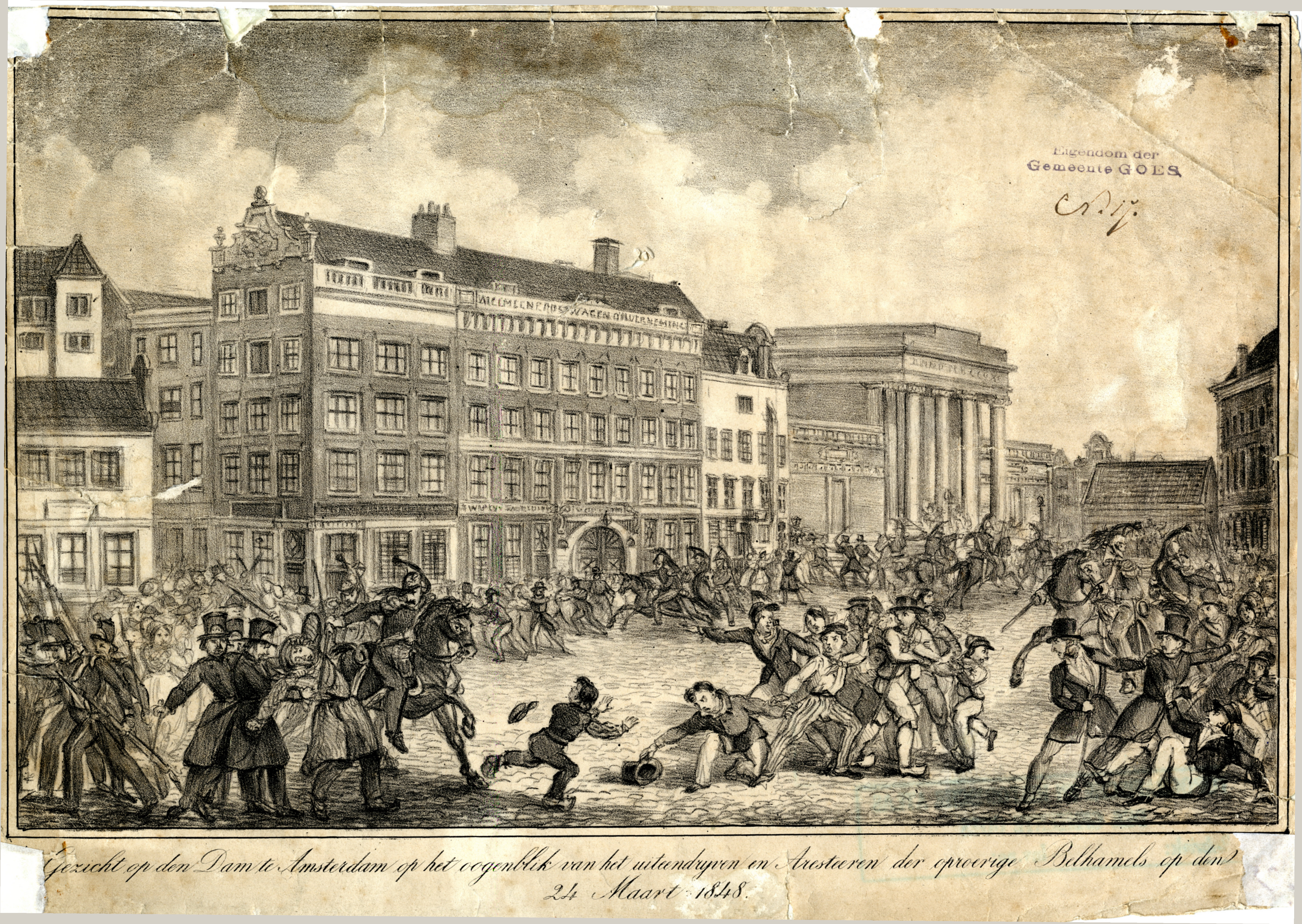  Gravure van het 'Damoproer' in Amsterdam op 24 maart 1848, anoniem. GAG.HTA.
