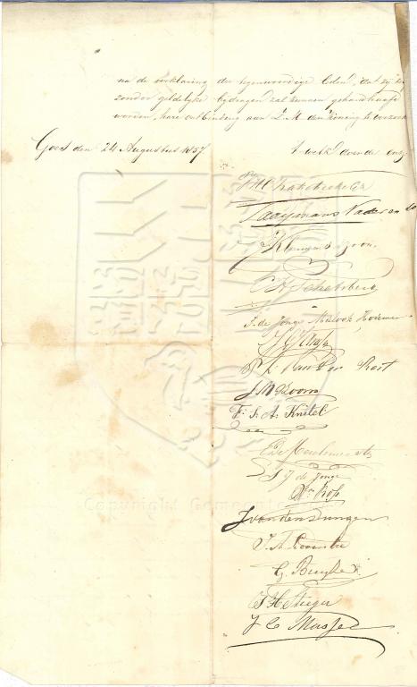 Handtekeningen van fabrikanten en handelaren onder het rekest voor de Kamer van Koophandel, 1857. GAG.AGG.inv.nr.206, nr. 848.