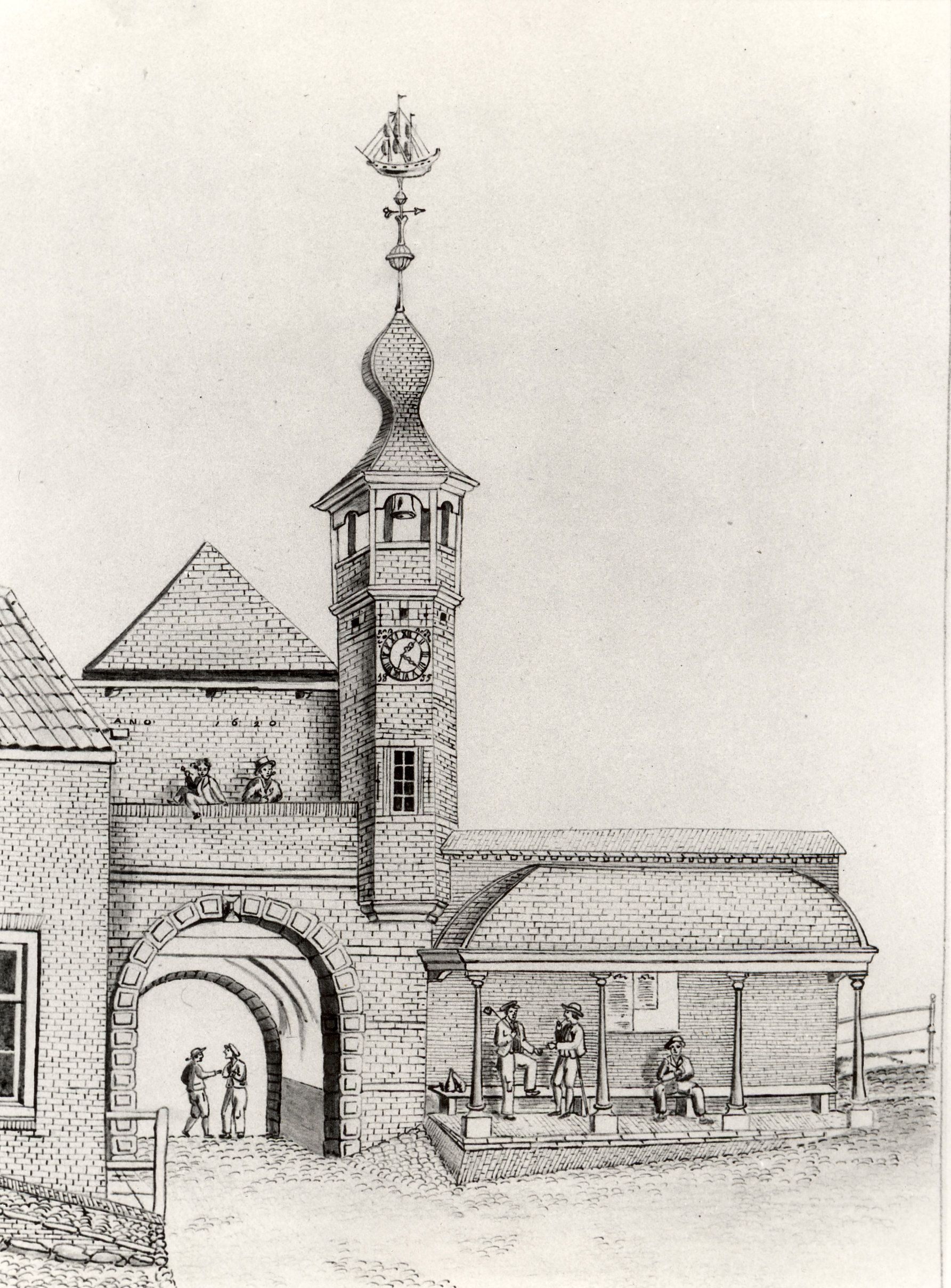 Havenpoort met wachtplaats voor havenarbeiders, 1855. Zws.Mus.