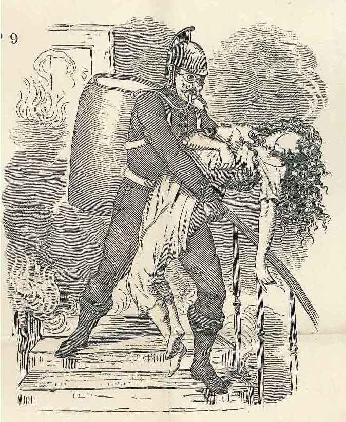 Helmduiker als brandweerman, uit de folder van W.C. Pasteur en Co. ca. 1870. GAGoes, arch.gem.Wolphaartsdijk, inv.nr. 1830.