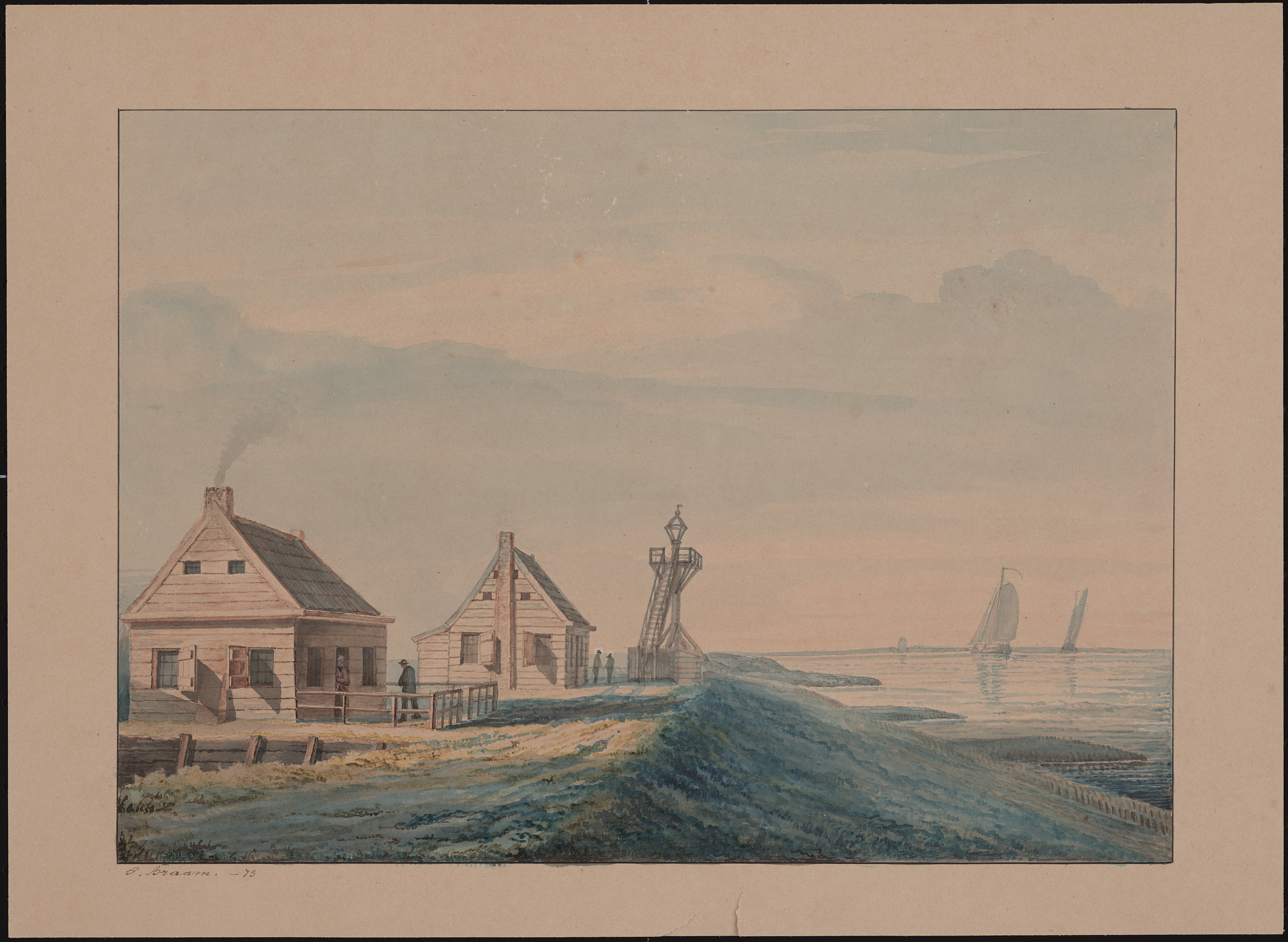 Het kustlicht aan de Oost-Bevelandpolder, vóór de dijkval van 1856, G. Braam.