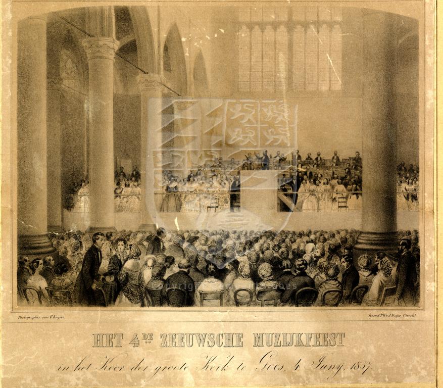 Het muziekfeest te Goes, 1857, litho door P.W. van de Weijer te Utrecht naar foto van F. Kaijser. GAG.HTA.