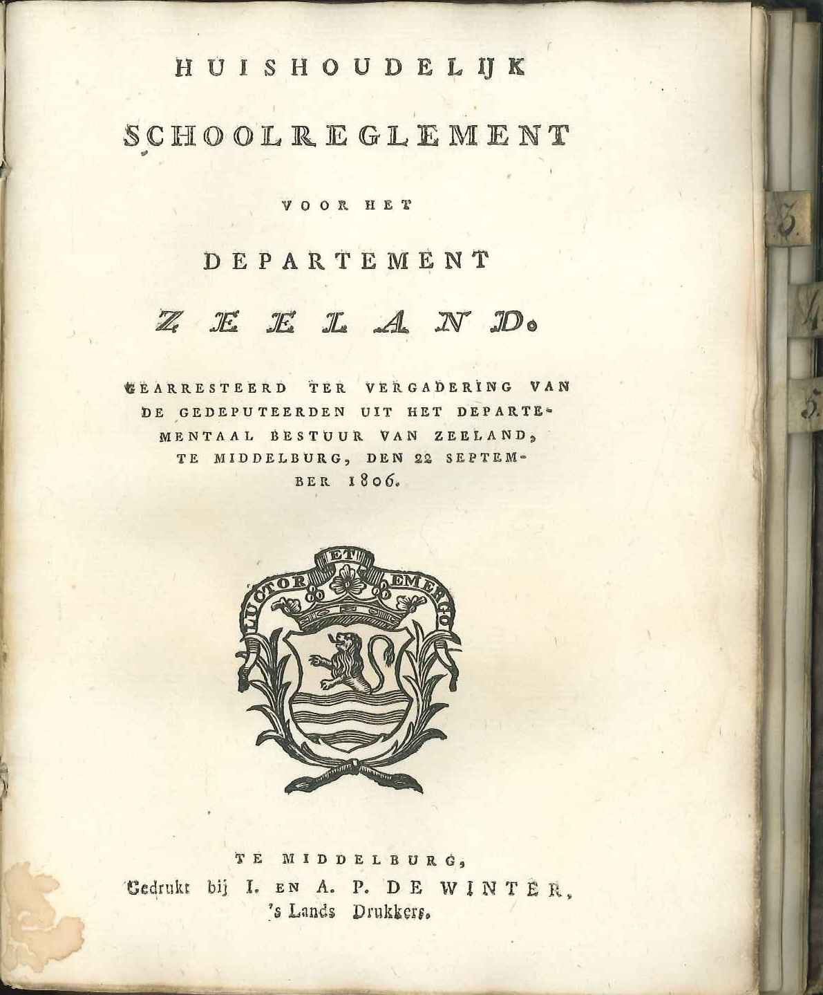 Huishoudelijk schoolreglement voor Zeeland. 1806.