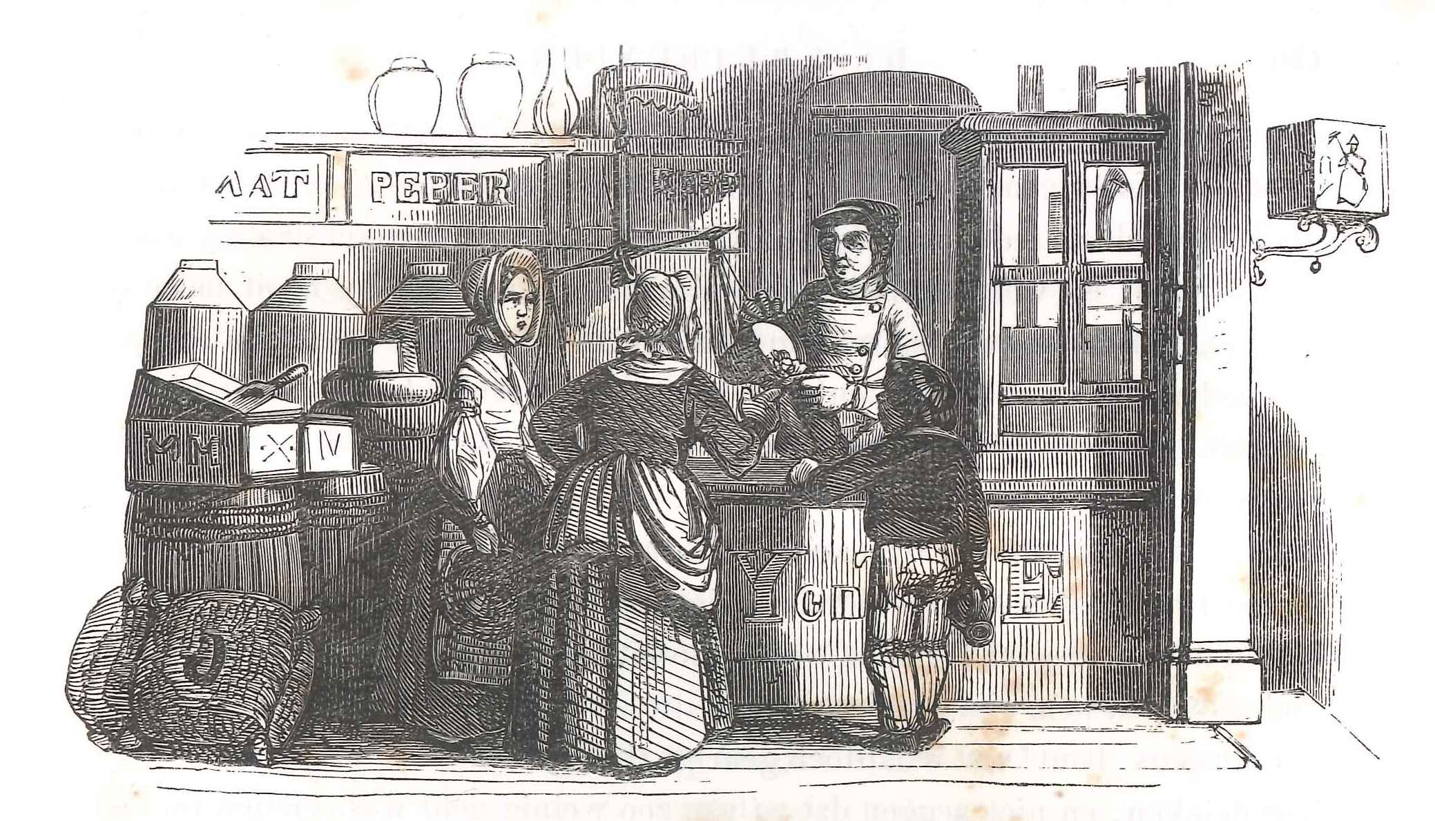 In een kruidenierswinkel. 'Karakterschetsen', 1841. HMDB.